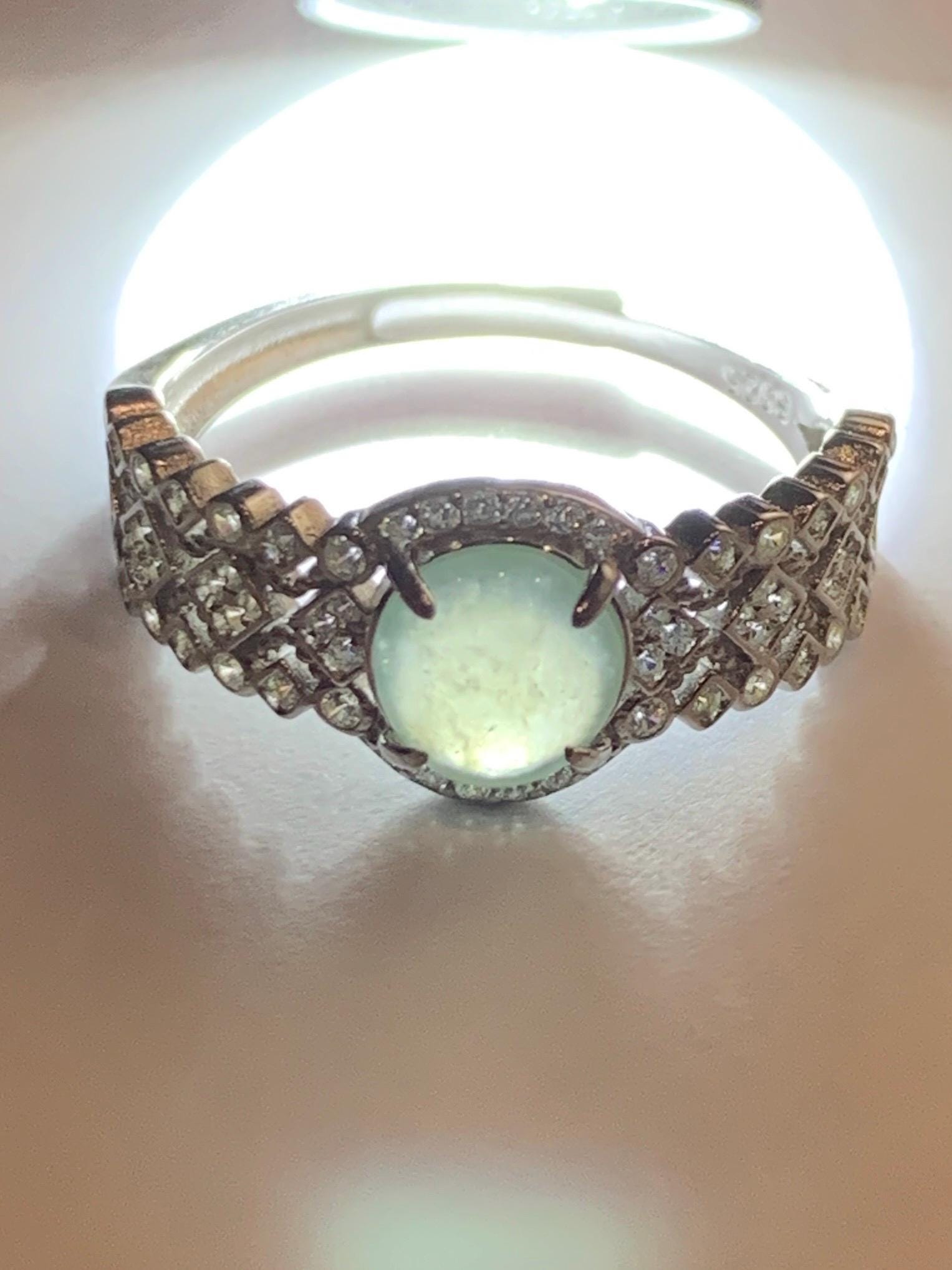 Natural Burmese Icy Highly Translucent Light Bluish Green Jadeite Ring 925 Sterling Silver 6.4x6.5mm Size Adjustable 天然缅甸起光冰晴蓝底翡翠银镶戒指 MXG66C