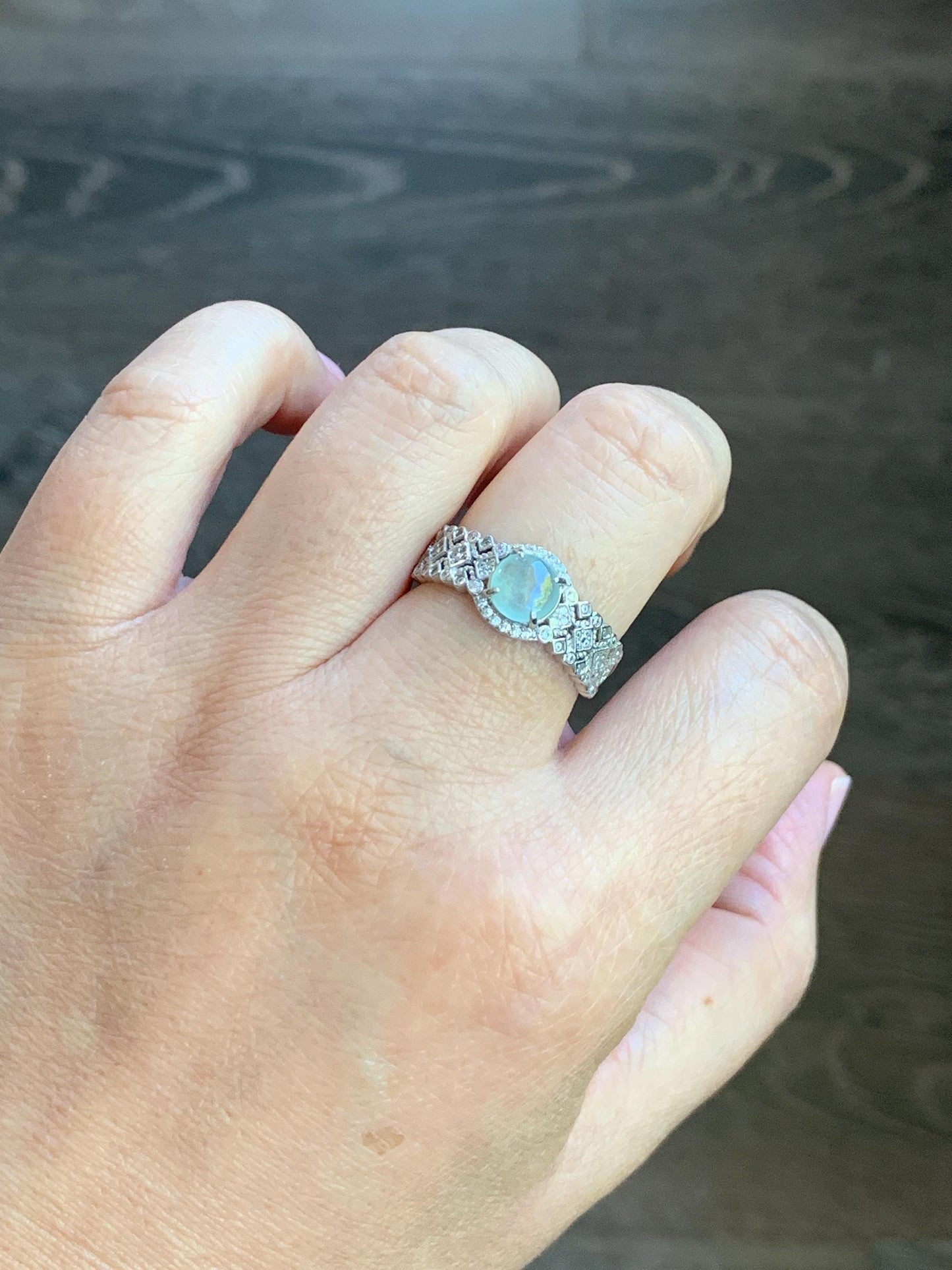 Natural Burmese Icy Highly Translucent Light Bluish Green Jadeite Ring 925 Sterling Silver 6.4x6.5mm Size Adjustable 天然缅甸起光冰晴蓝底翡翠银镶戒指 MXG66C