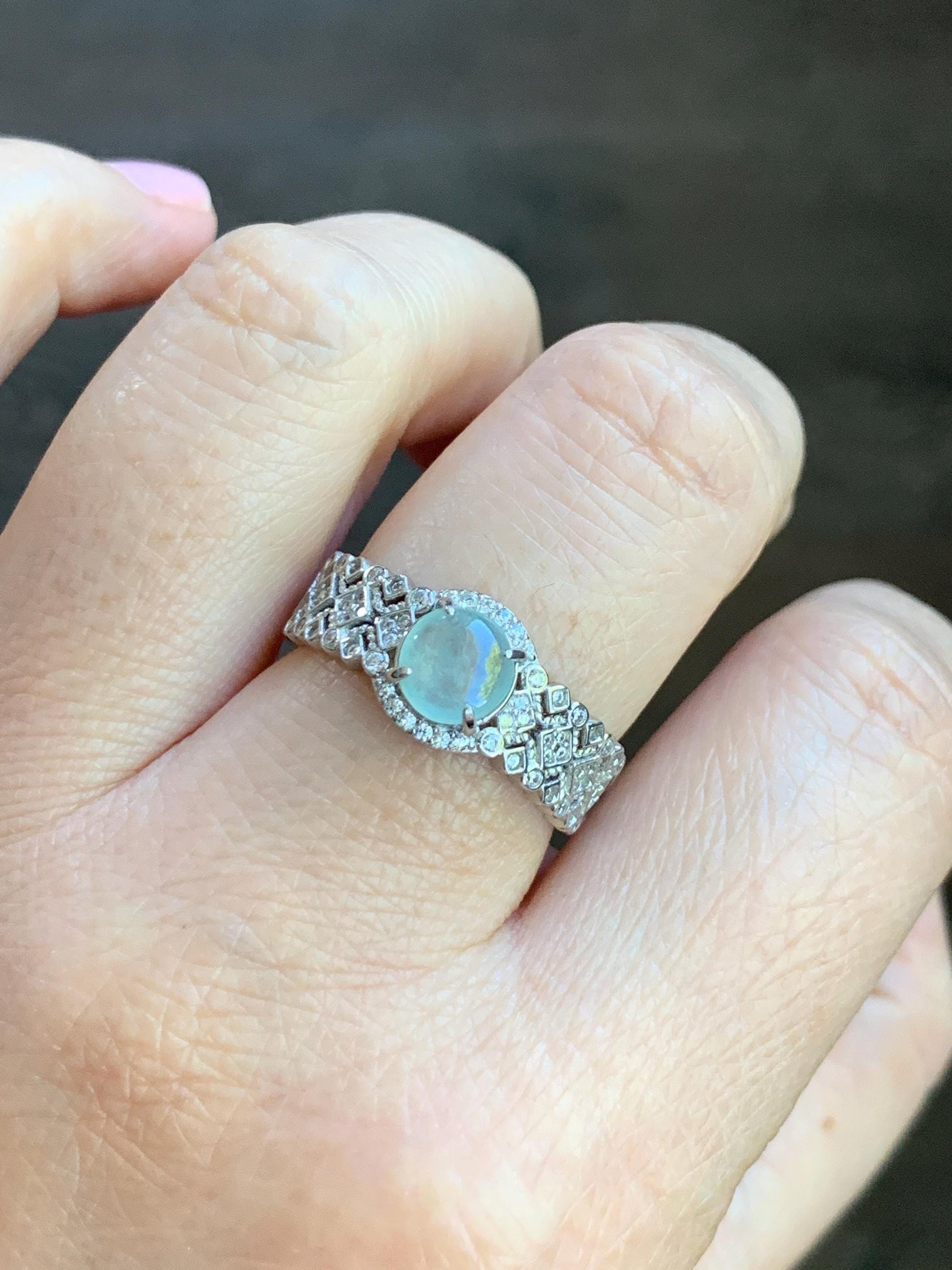 Natural Burmese Icy Highly Translucent Light Bluish Green Jadeite Ring 925 Sterling Silver 6.4x6.5mm Size Adjustable 天然缅甸起光冰晴蓝底翡翠银镶戒指 MXG66C