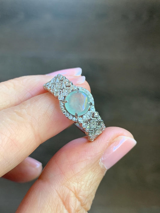 Natural Burmese Icy Highly Translucent Light Bluish Green Jadeite Ring 925 Sterling Silver 6.4x6.5mm Size Adjustable 天然缅甸起光冰晴蓝底翡翠银镶戒指 MXG66C