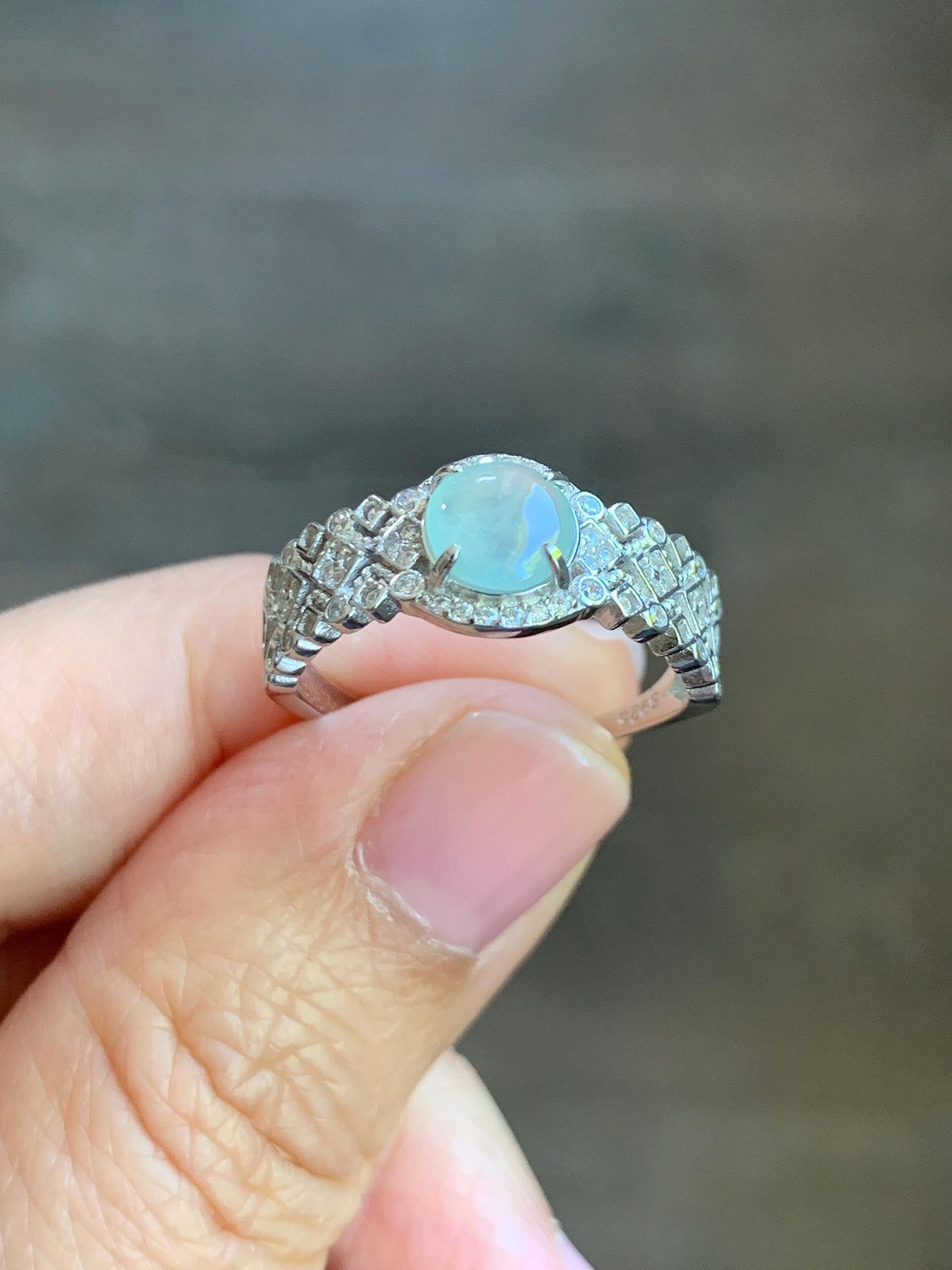 Natural Burmese Icy Highly Translucent Light Bluish Green Jadeite Ring 925 Sterling Silver 6.4x6.5mm Size Adjustable 天然缅甸起光冰晴蓝底翡翠银镶戒指 MXG66C