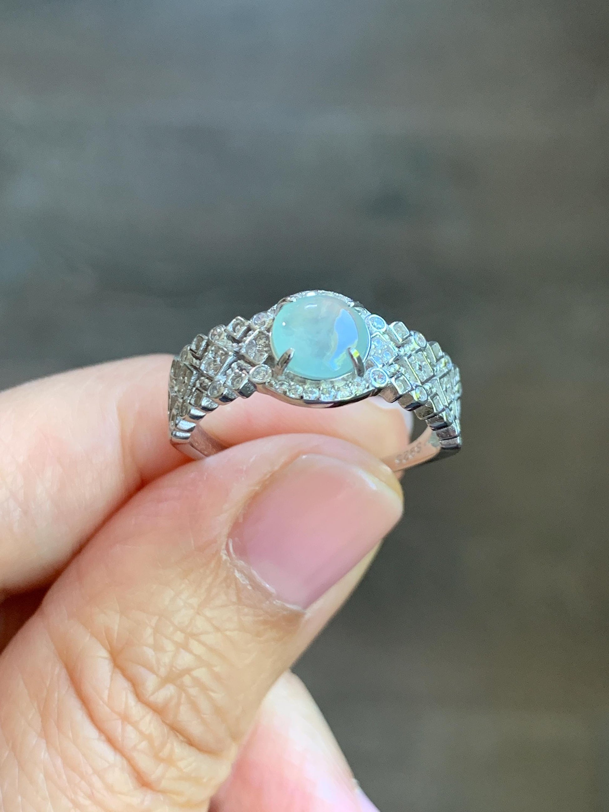 Natural Burmese Icy Highly Translucent Light Bluish Green Jadeite Ring 925 Sterling Silver 6.4x6.5mm Size Adjustable 天然缅甸起光冰晴蓝底翡翠银镶戒指 MXG66C