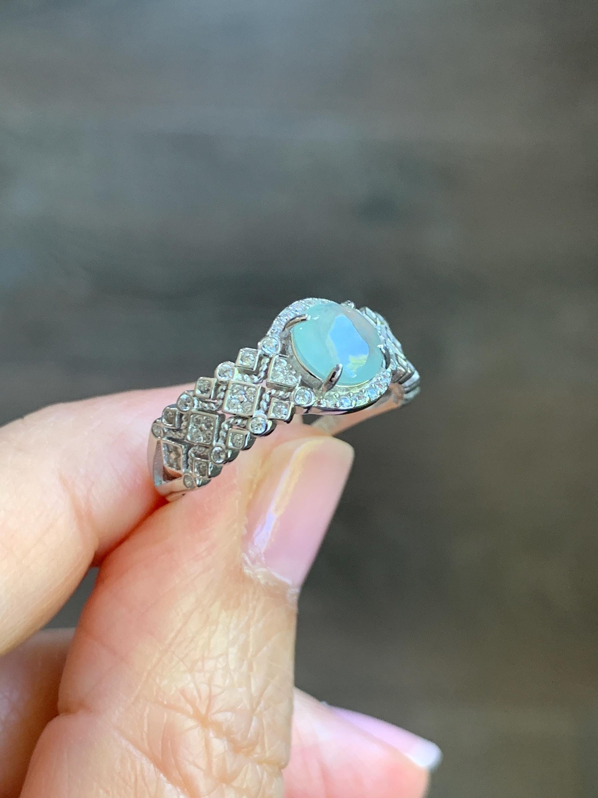 Natural Burmese Icy Highly Translucent Light Bluish Green Jadeite Ring 925 Sterling Silver 6.4x6.5mm Size Adjustable 天然缅甸起光冰晴蓝底翡翠银镶戒指 MXG66C