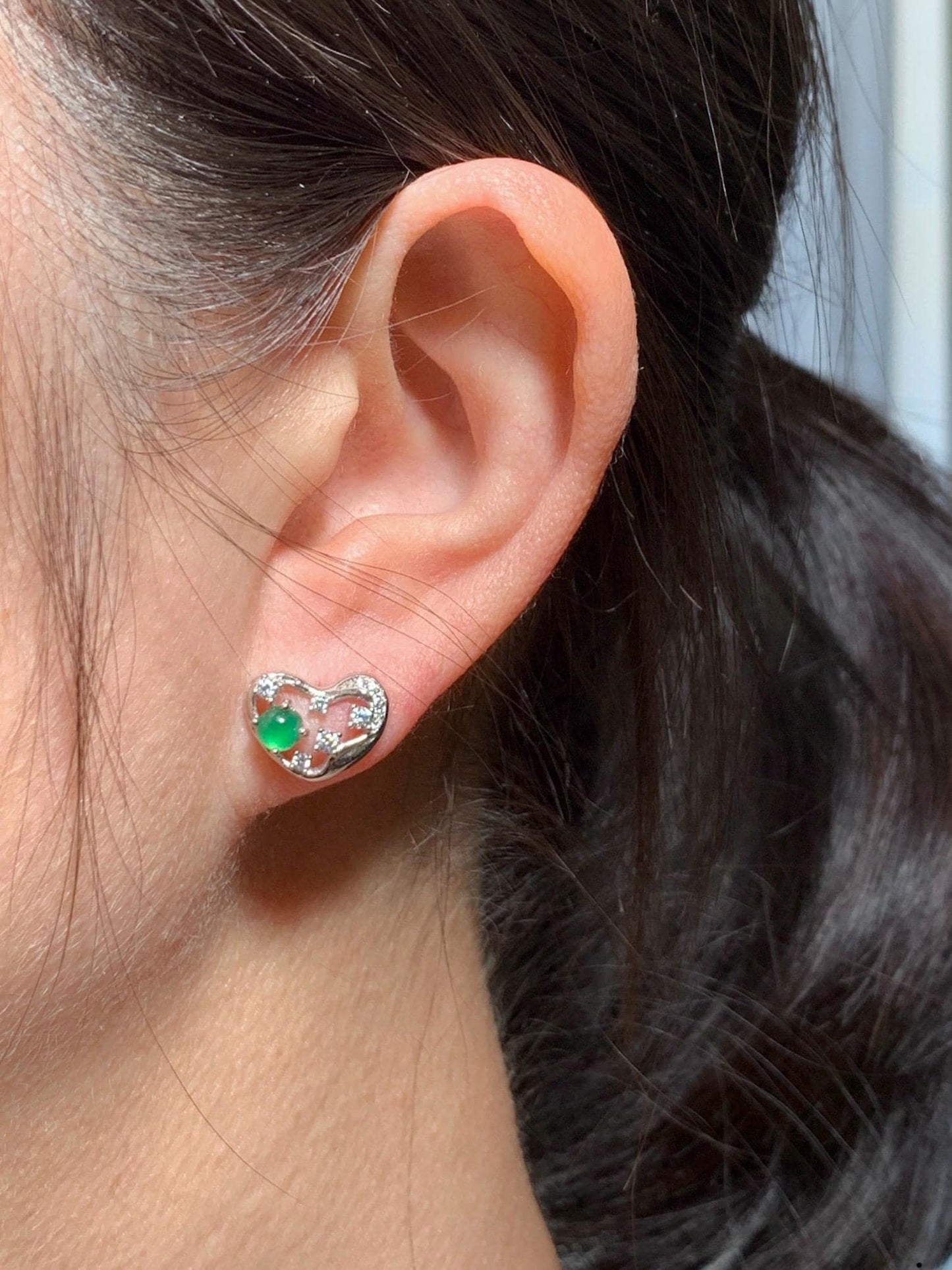 Natural Guatemalan Icy Translucent Vibrant Green Jadeite Heart Design Stud Earrings S925 Sterling Silver 天然冰危绿翡翠银镶爱心耳钉