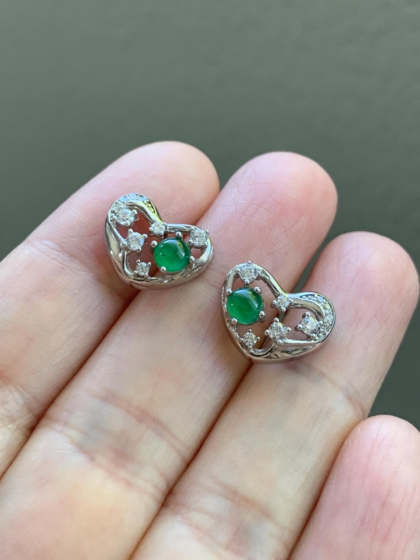 Natural Guatemalan Icy Translucent Vibrant Green Jadeite Heart Design Stud Earrings S925 Sterling Silver 天然冰危绿翡翠银镶爱心耳钉