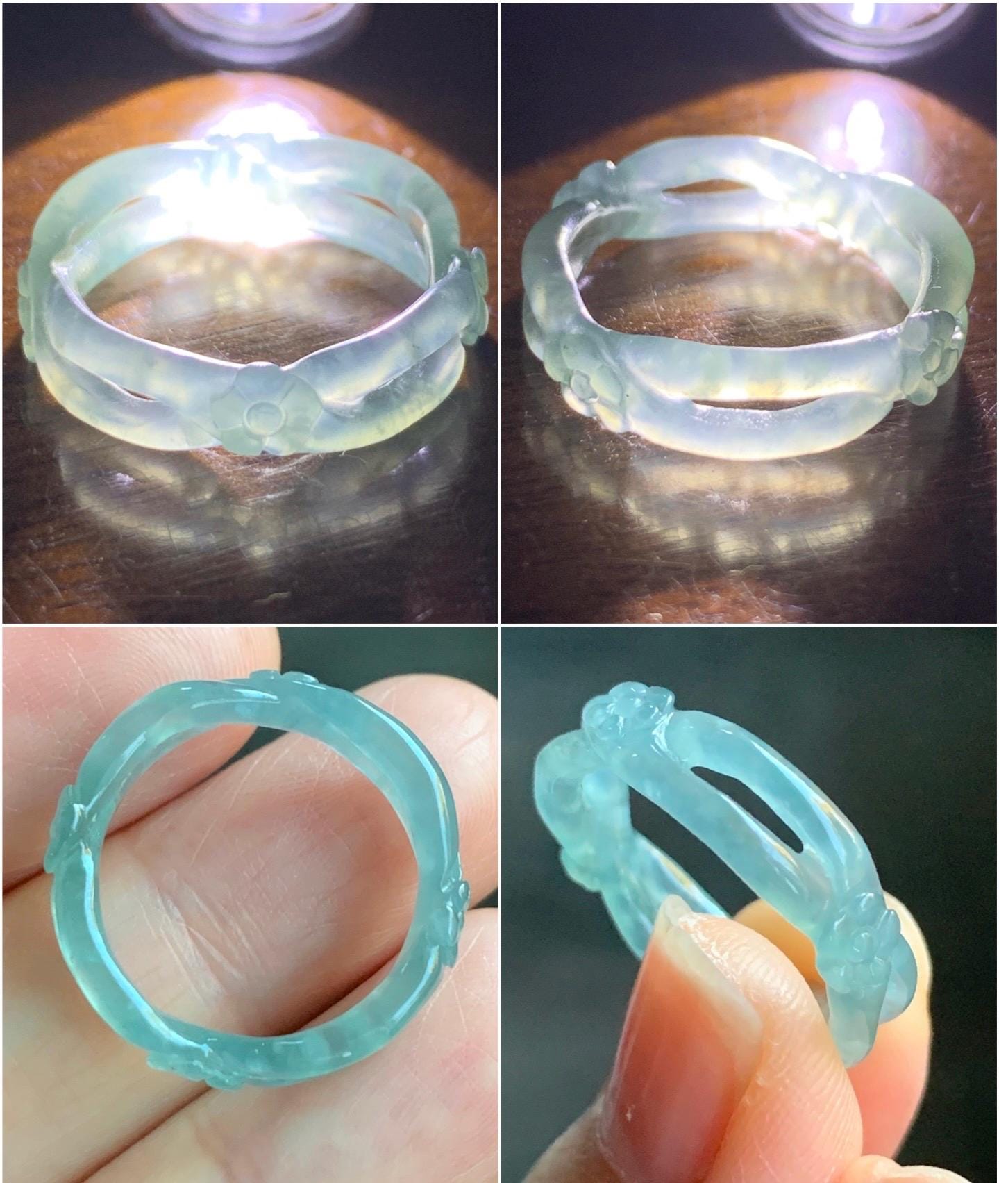 Natural Guatemalan Icy Highly Translucent Light Blue Jadeite Openwork Carved Cherry Blossom Band Ring Size 6.75 天然冰危起胶淡蓝翡翠镂空雕梅花戒圈