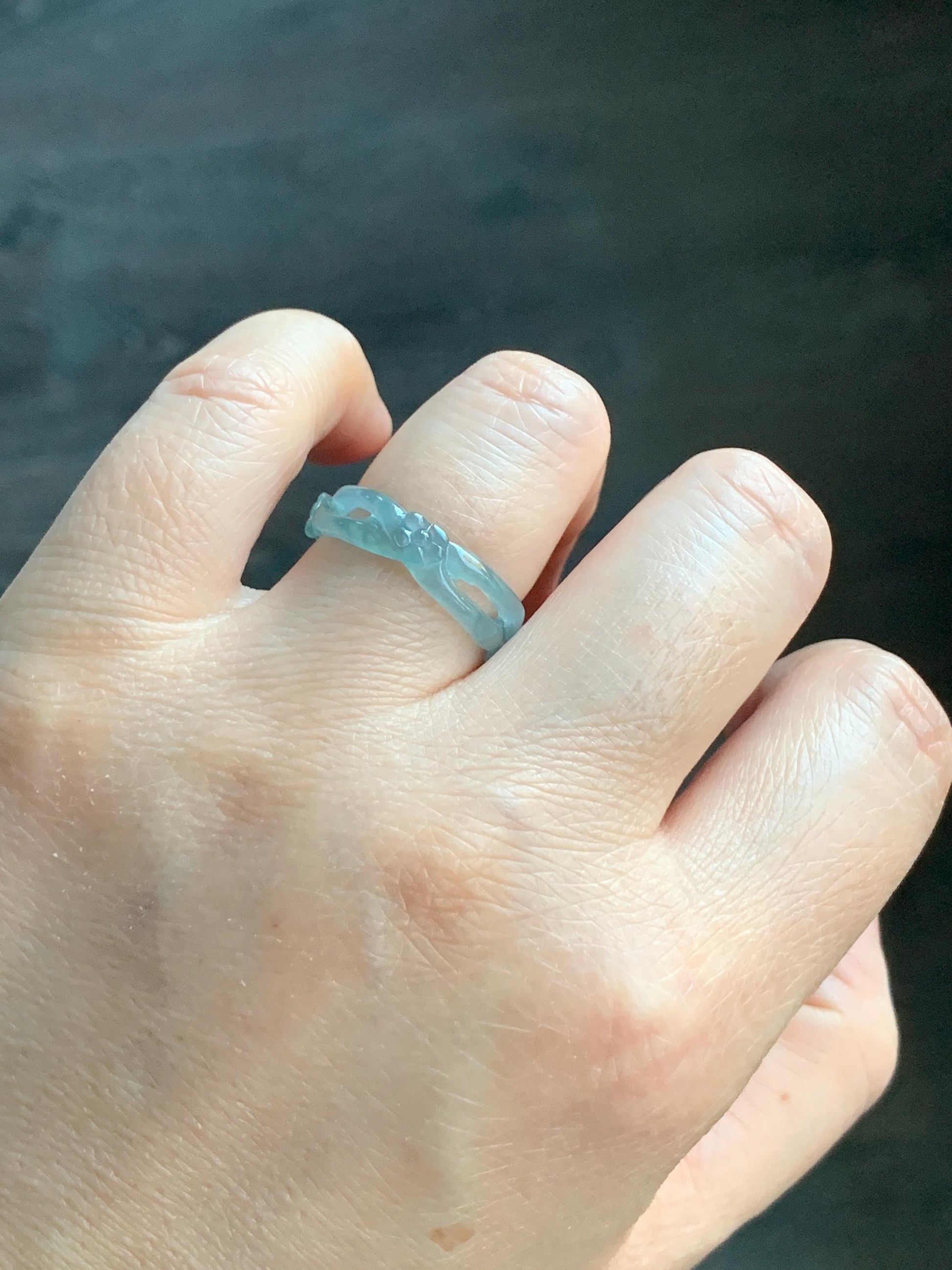 Natural Guatemalan Icy Highly Translucent Light Blue Jadeite Openwork Carved Cherry Blossom Band Ring Size 6.75 天然冰危起胶淡蓝翡翠镂空雕梅花戒圈