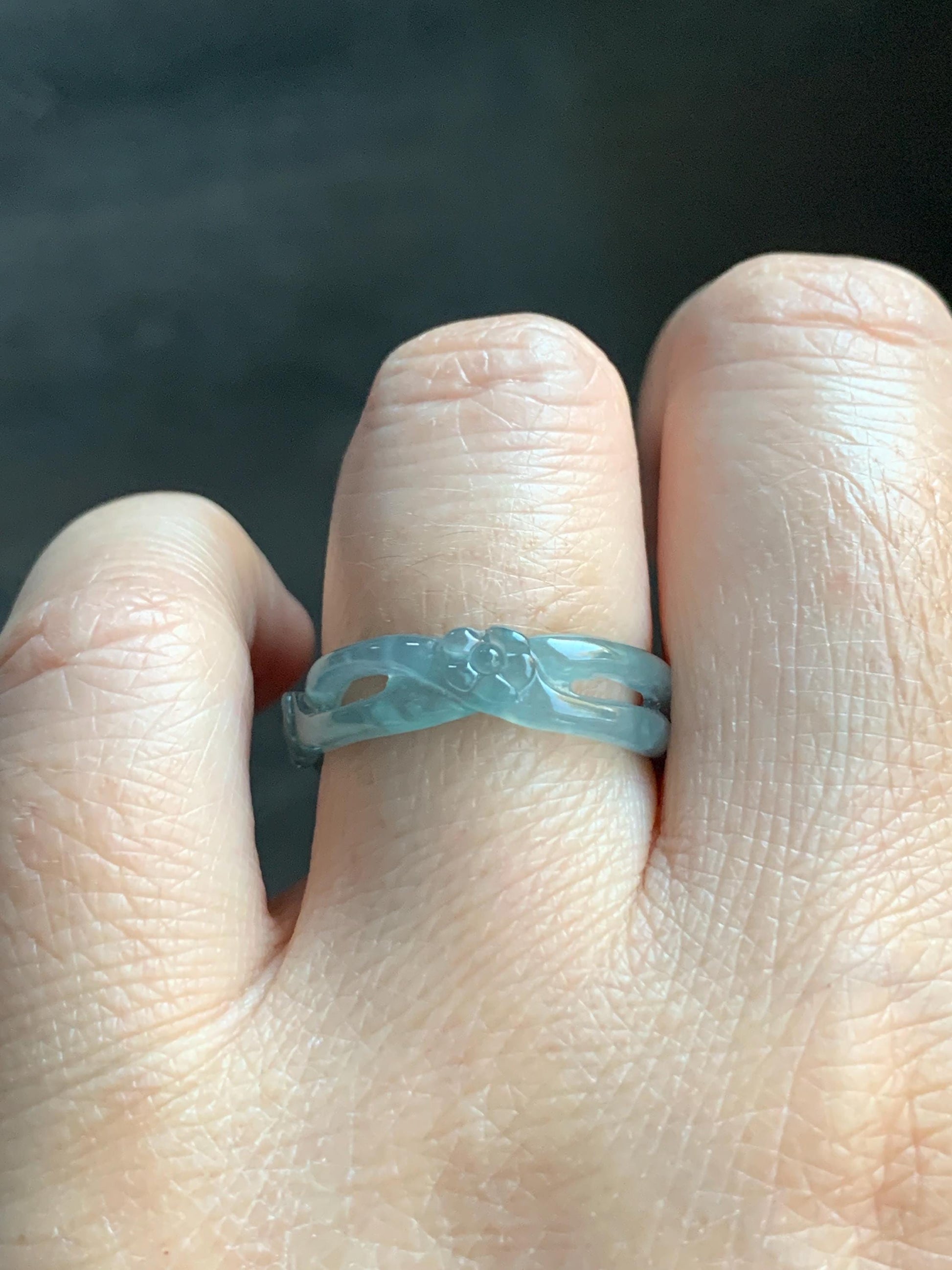 Natural Guatemalan Icy Highly Translucent Light Blue Jadeite Openwork Carved Cherry Blossom Band Ring Size 6.75 天然冰危起胶淡蓝翡翠镂空雕梅花戒圈