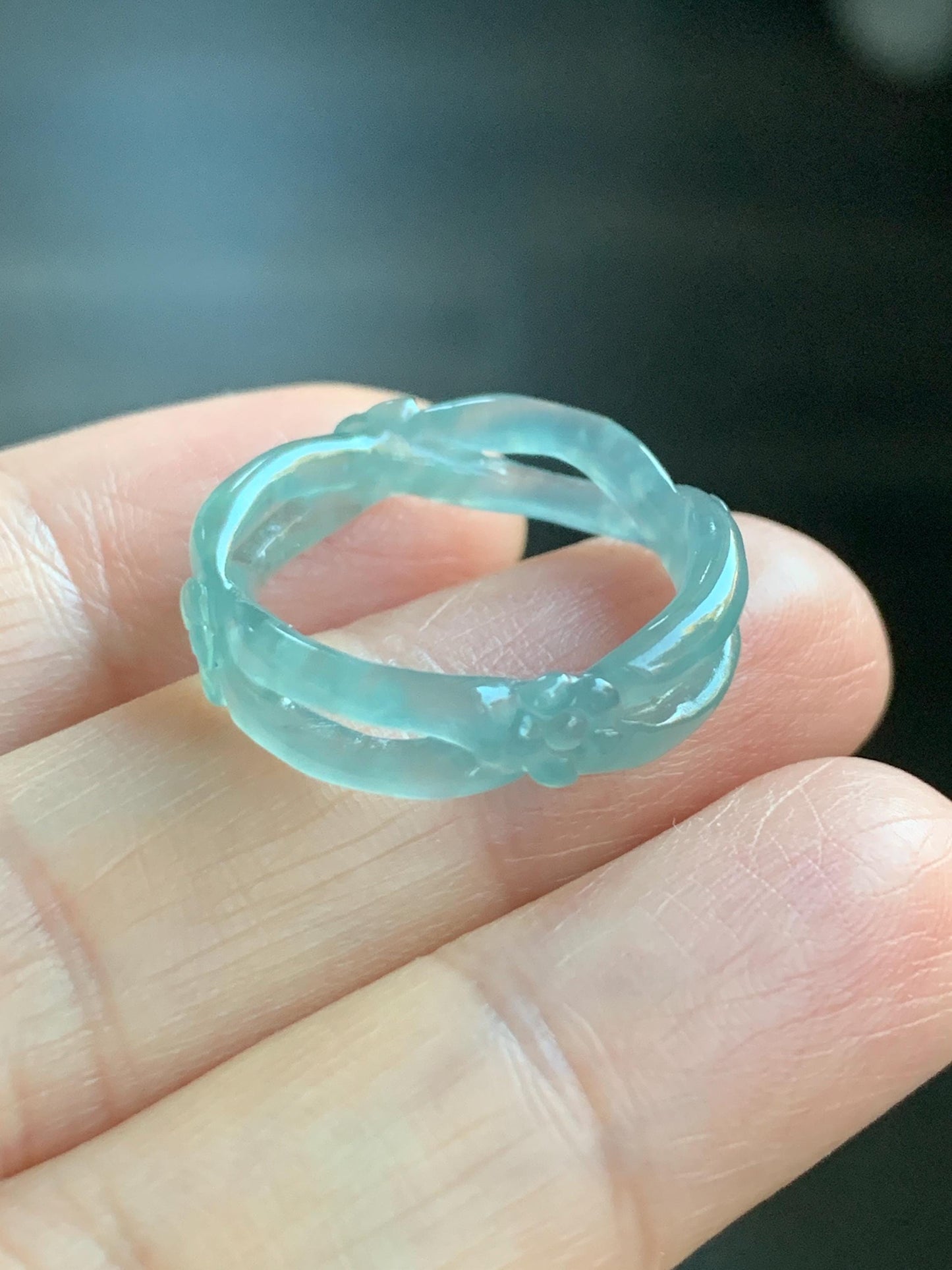 Natural Guatemalan Icy Highly Translucent Light Blue Jadeite Openwork Carved Cherry Blossom Band Ring Size 6.75 天然冰危起胶淡蓝翡翠镂空雕梅花戒圈