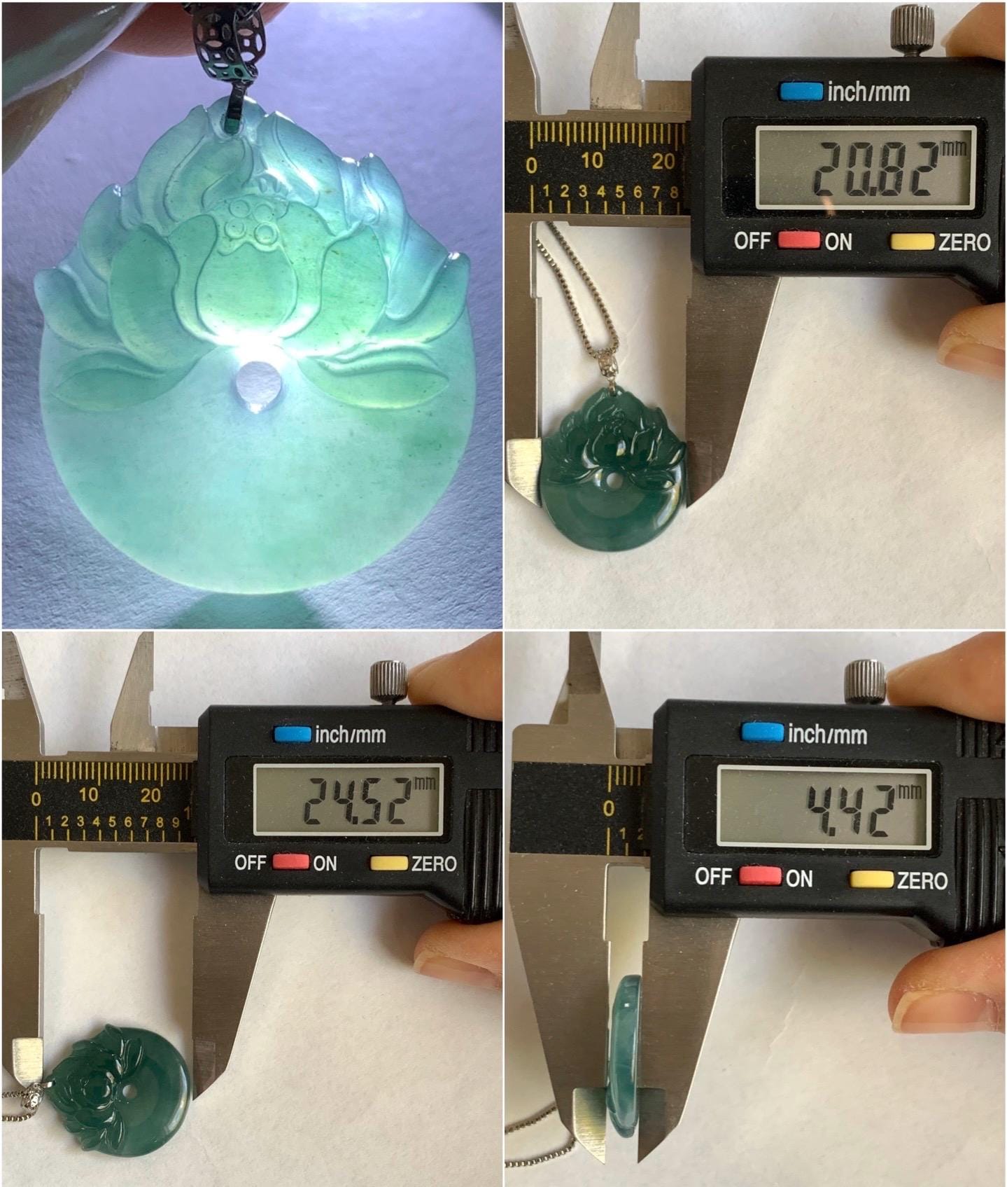 Natural Guatemalan Icy Translucent Dark Teal Blue Jadeite Lotus Flower Ping An Kou Donut Pendant 18K White Gold 4g 天然冰危深蓝翡翠莲花平安扣吊坠