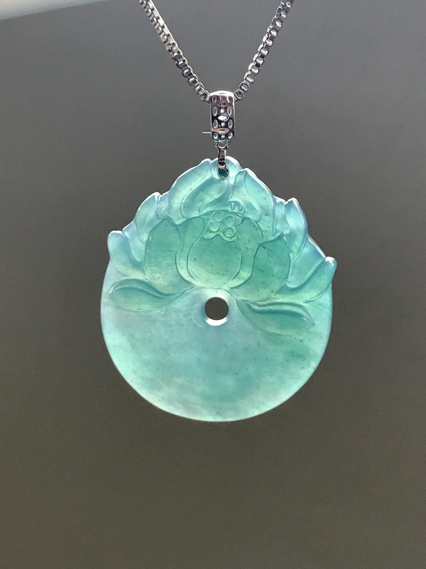Natural Guatemalan Icy Translucent Dark Teal Blue Jadeite Lotus Flower Ping An Kou Donut Pendant 18K White Gold 4g 天然冰危深蓝翡翠莲花平安扣吊坠