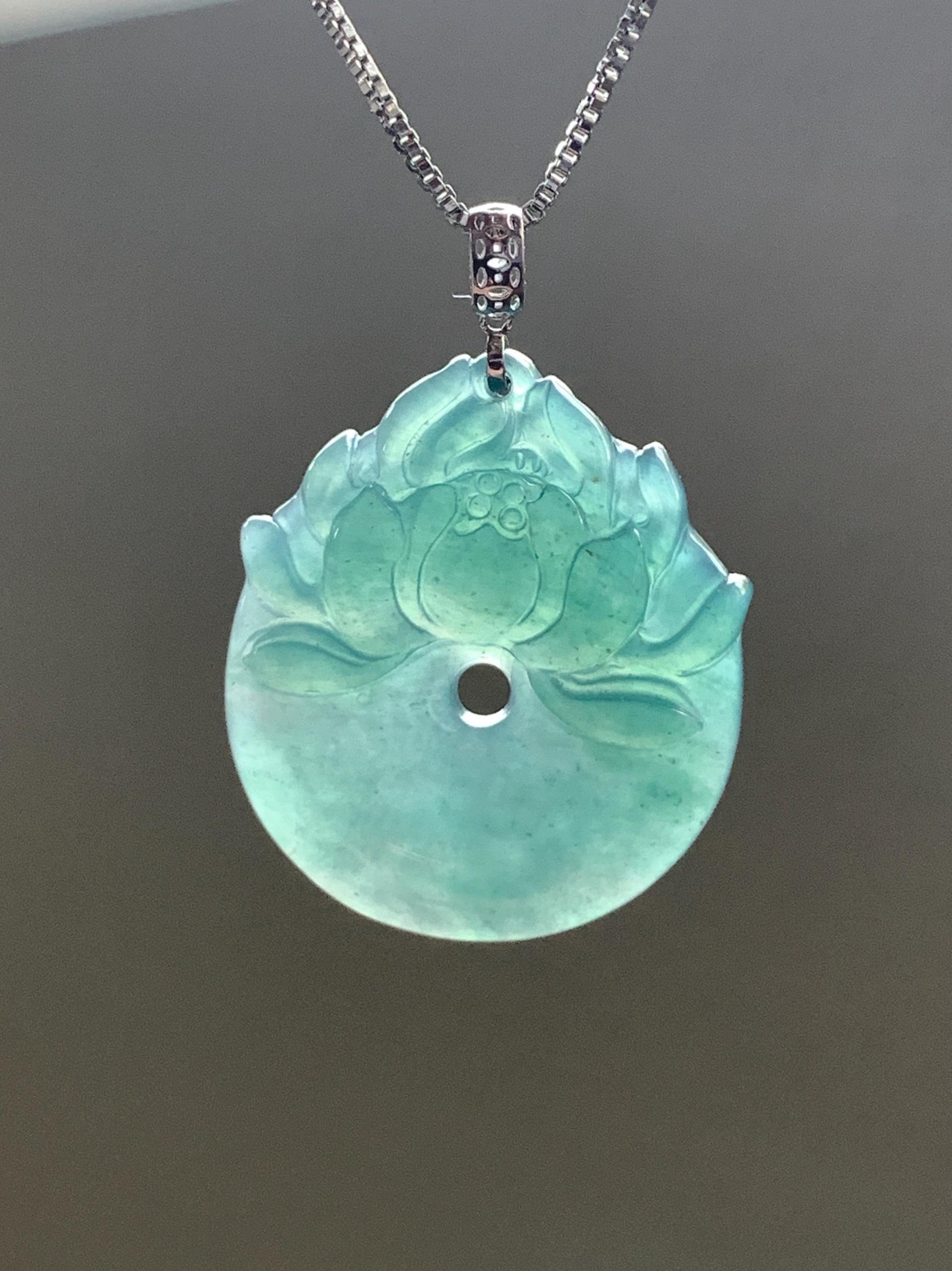 Natural Guatemalan Icy Translucent Dark Teal Blue Jadeite Lotus Flower Ping An Kou Donut Pendant 18K White Gold 4g 天然冰危深蓝翡翠莲花平安扣吊坠