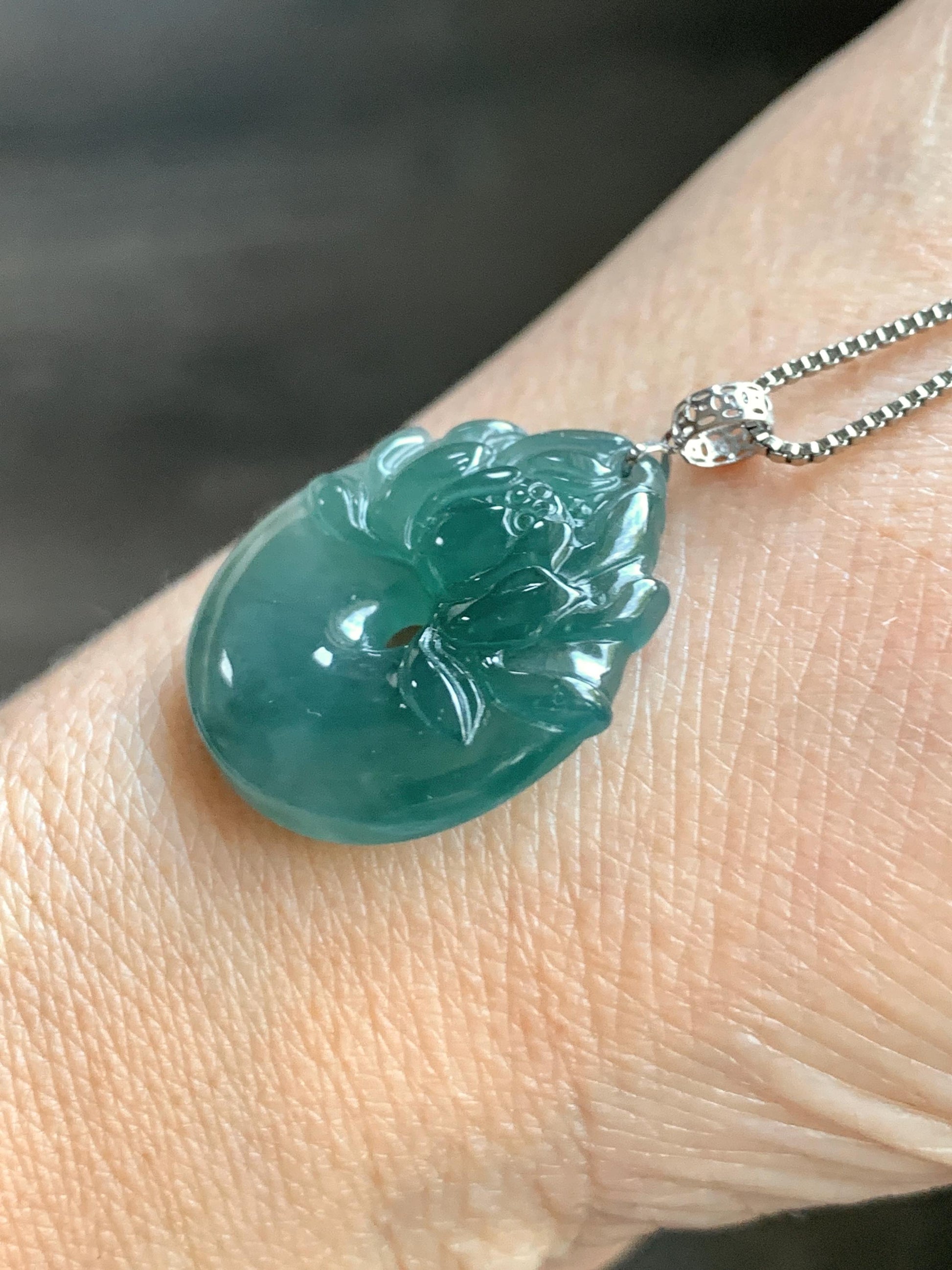 Natural Guatemalan Icy Translucent Dark Teal Blue Jadeite Lotus Flower Ping An Kou Donut Pendant 18K White Gold 4g 天然冰危深蓝翡翠莲花平安扣吊坠