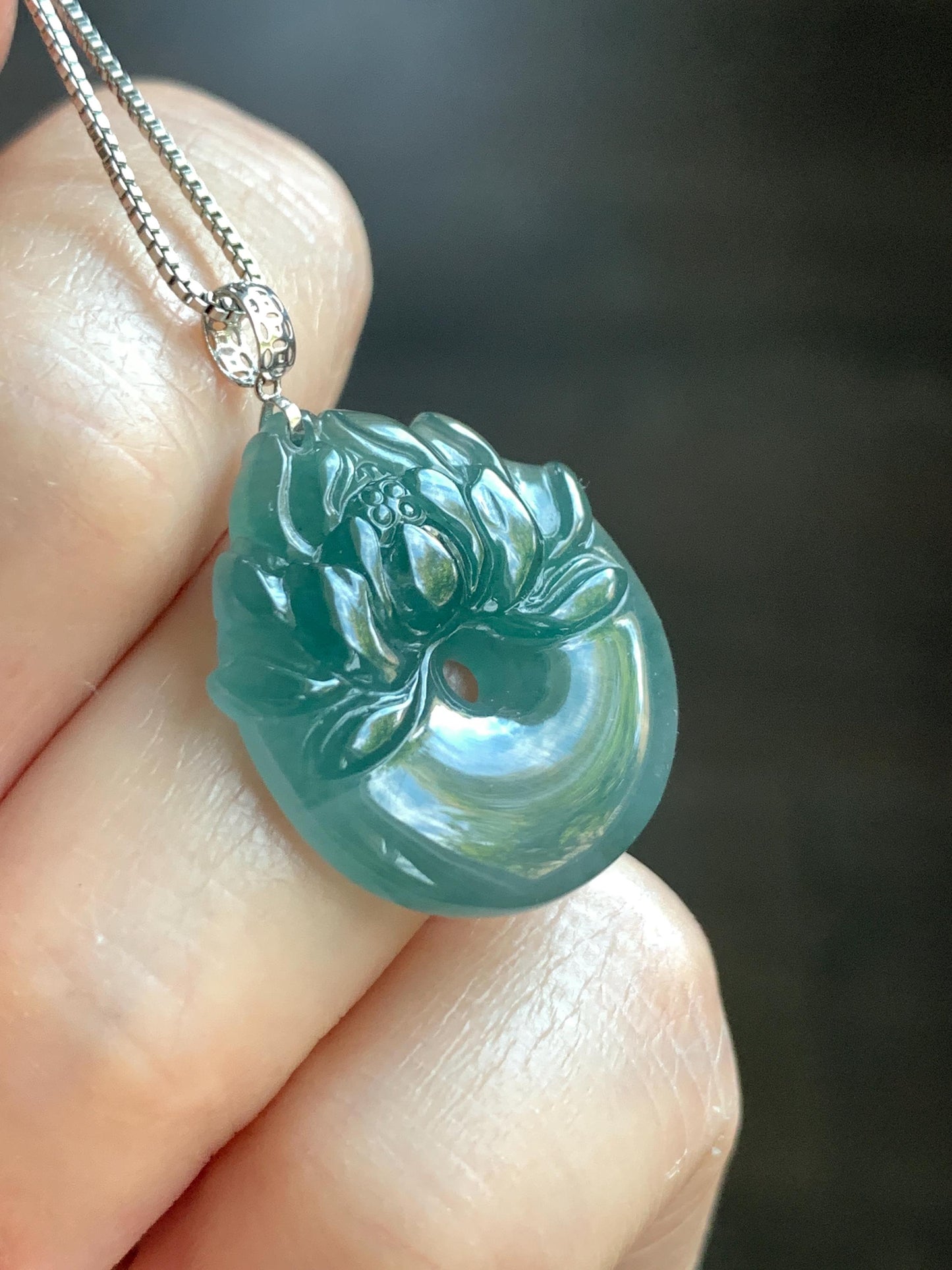 Natural Guatemalan Icy Translucent Dark Teal Blue Jadeite Lotus Flower Ping An Kou Donut Pendant 18K White Gold 4g 天然冰危深蓝翡翠莲花平安扣吊坠