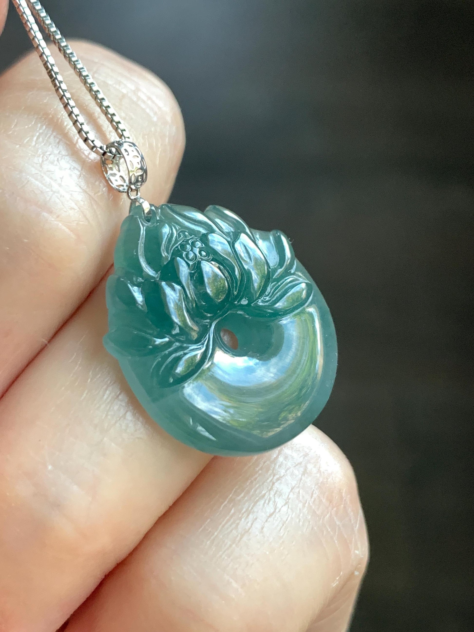 Natural Guatemalan Icy Translucent Dark Teal Blue Jadeite Lotus Flower Ping An Kou Donut Pendant 18K White Gold 4g 天然冰危深蓝翡翠莲花平安扣吊坠