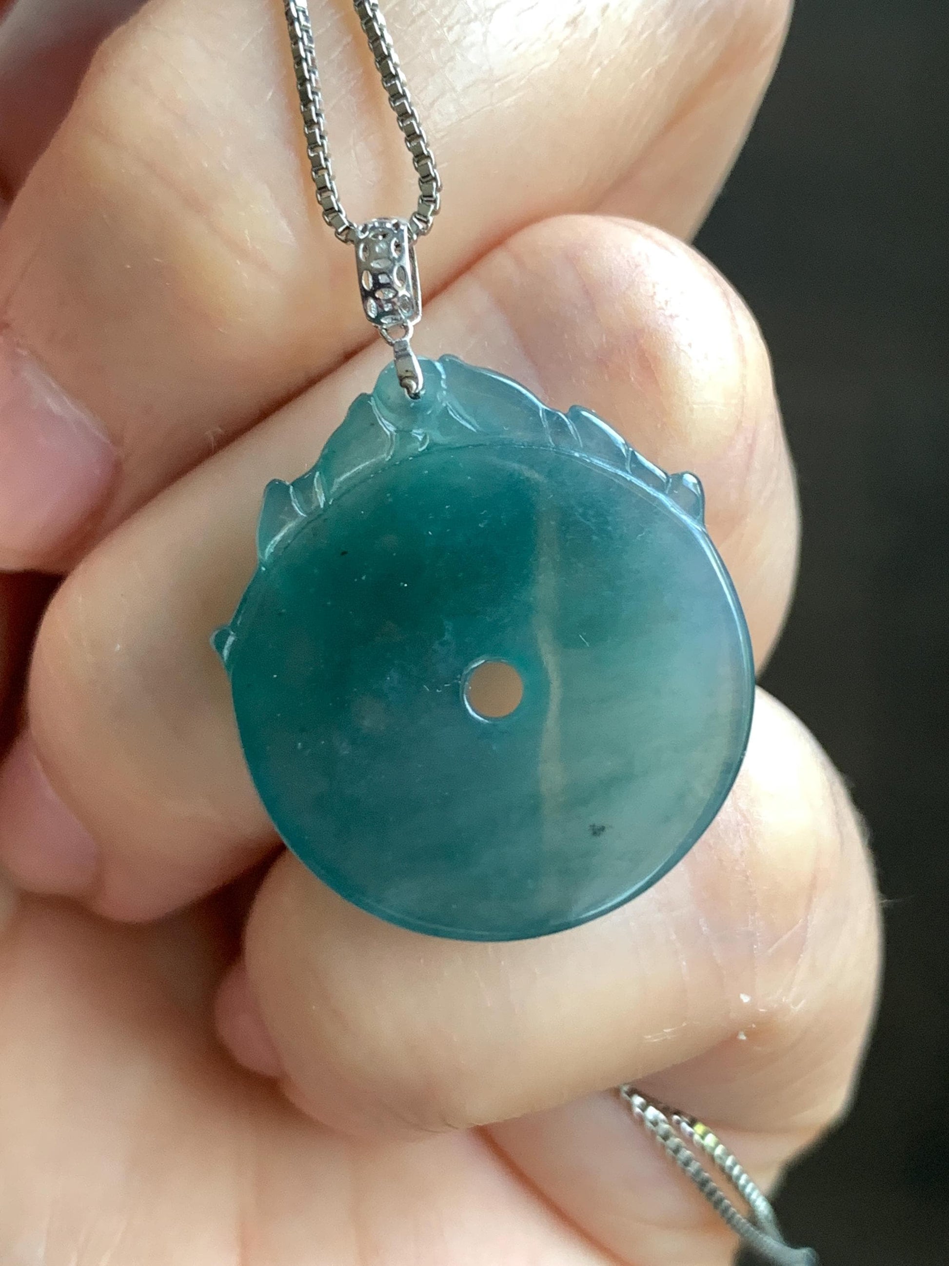 Natural Guatemalan Icy Translucent Dark Teal Blue Jadeite Lotus Flower Ping An Kou Donut Pendant 18K White Gold 4g 天然冰危深蓝翡翠莲花平安扣吊坠