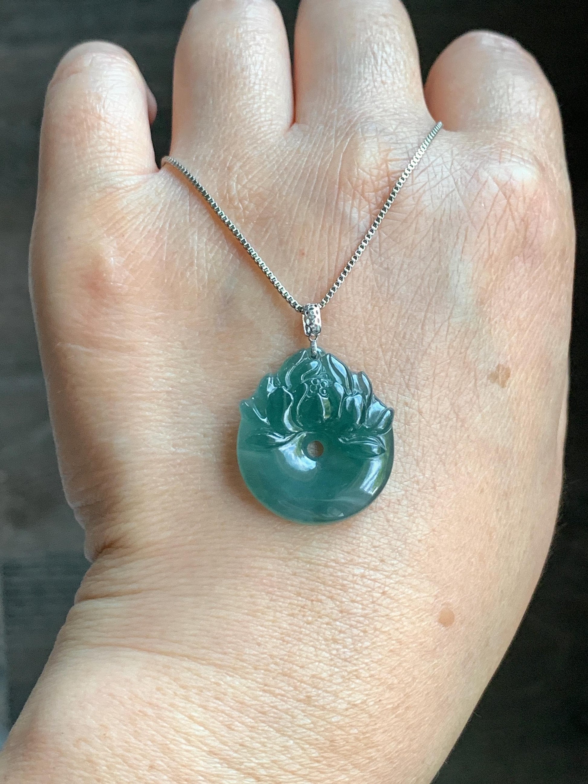 Natural Guatemalan Icy Translucent Dark Teal Blue Jadeite Lotus Flower Ping An Kou Donut Pendant 18K White Gold 4g 天然冰危深蓝翡翠莲花平安扣吊坠
