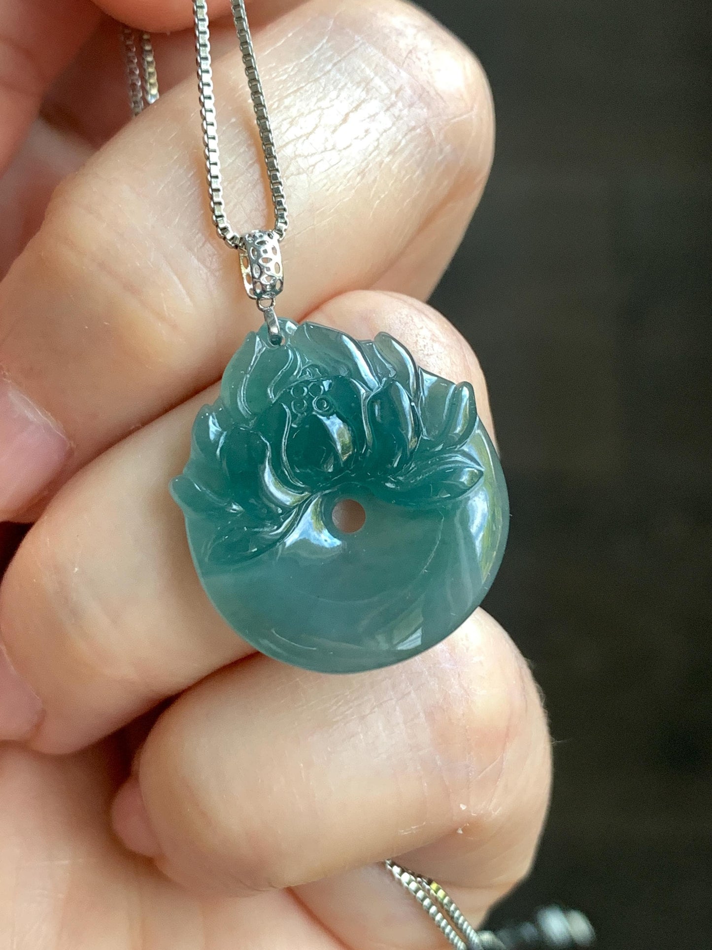 Natural Guatemalan Icy Translucent Dark Teal Blue Jadeite Lotus Flower Ping An Kou Donut Pendant 18K White Gold 4g 天然冰危深蓝翡翠莲花平安扣吊坠