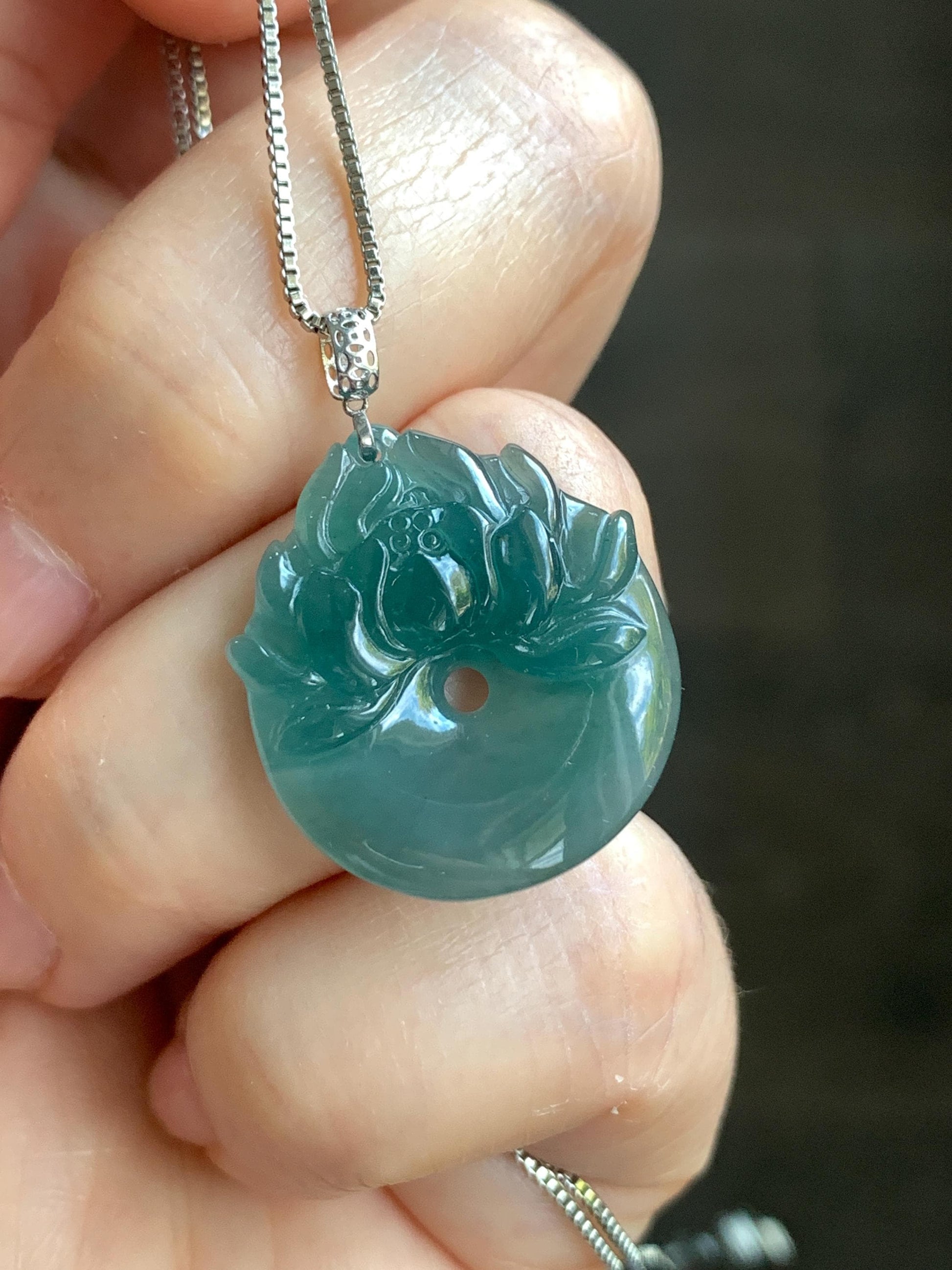 Natural Guatemalan Icy Translucent Dark Teal Blue Jadeite Lotus Flower Ping An Kou Donut Pendant 18K White Gold 4g 天然冰危深蓝翡翠莲花平安扣吊坠
