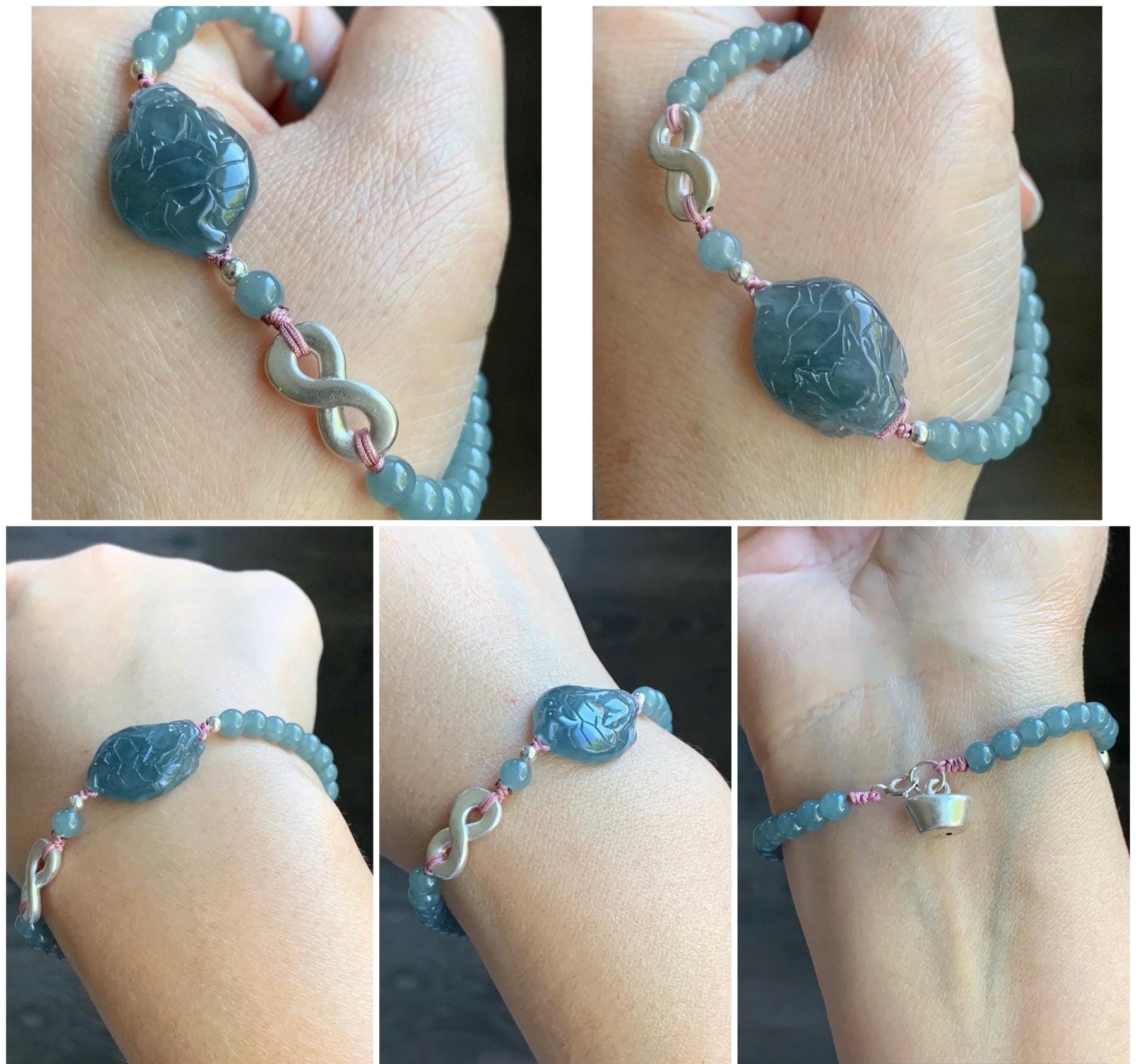 Natural Guatemalan Icy Translucent Gelatinous Dusty Blue Jadeite Dragon Turtle Beaded Bracelet Sterling Silver 6.75” 9g 天然冰危烟蓝紫起胶翡翠龙龟小圆珠手串