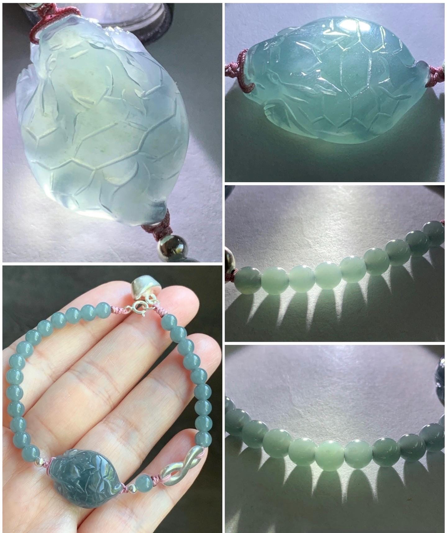 Natural Guatemalan Icy Translucent Gelatinous Dusty Blue Jadeite Dragon Turtle Beaded Bracelet Sterling Silver 6.75” 9g 天然冰危烟蓝紫起胶翡翠龙龟小圆珠手串