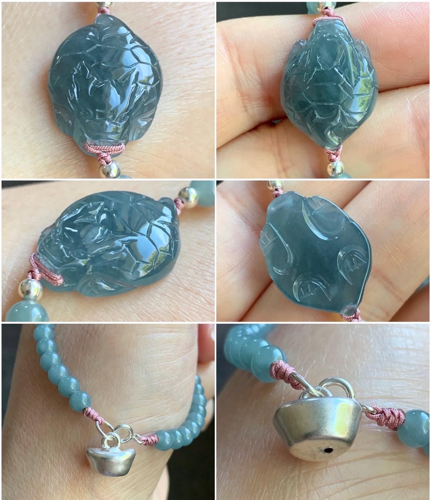 Natural Guatemalan Icy Translucent Gelatinous Dusty Blue Jadeite Dragon Turtle Beaded Bracelet Sterling Silver 6.75” 9g 天然冰危烟蓝紫起胶翡翠龙龟小圆珠手串