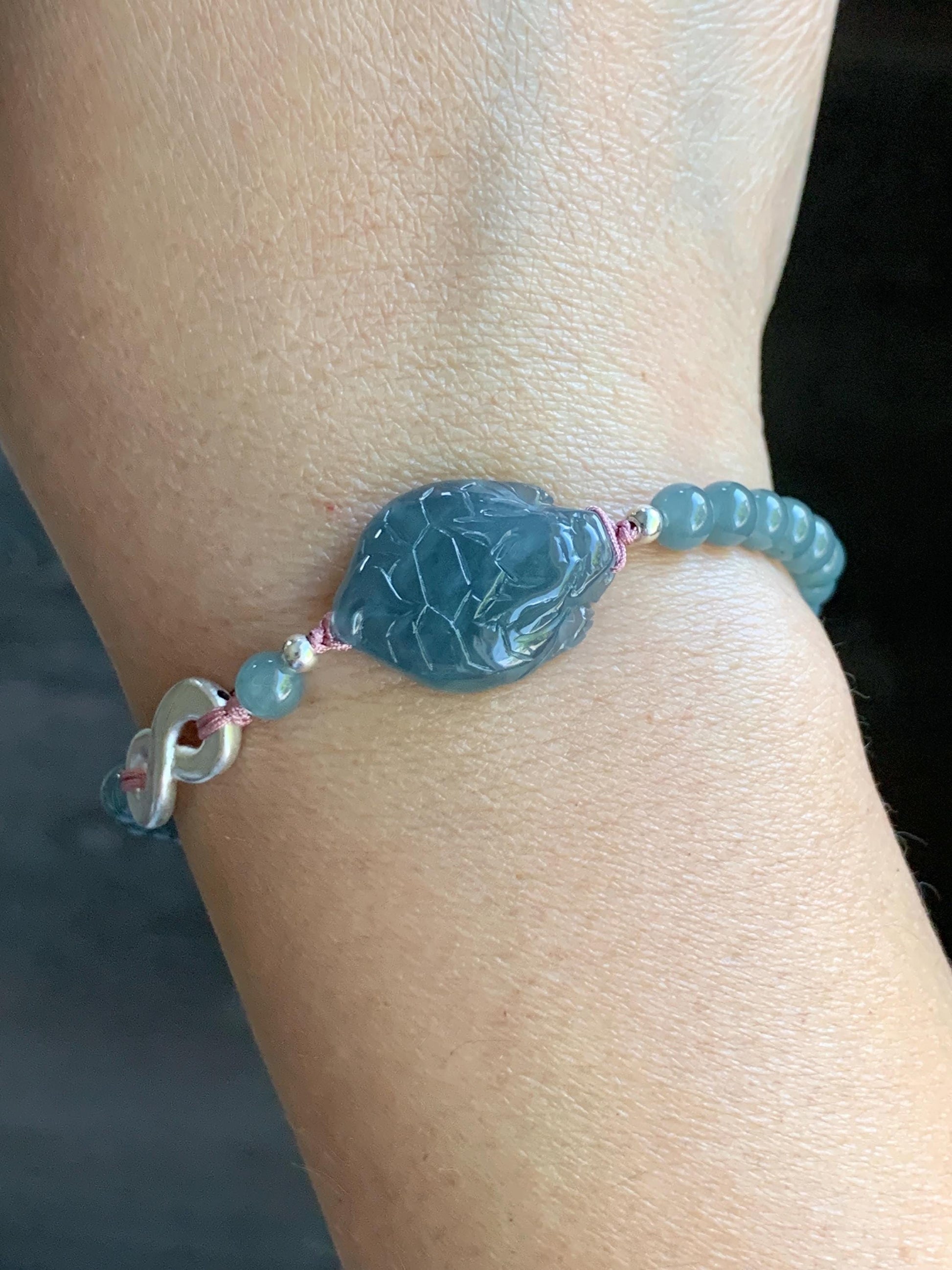 Natural Guatemalan Icy Translucent Gelatinous Dusty Blue Jadeite Dragon Turtle Beaded Bracelet Sterling Silver 6.75” 9g 天然冰危烟蓝紫起胶翡翠龙龟小圆珠手串