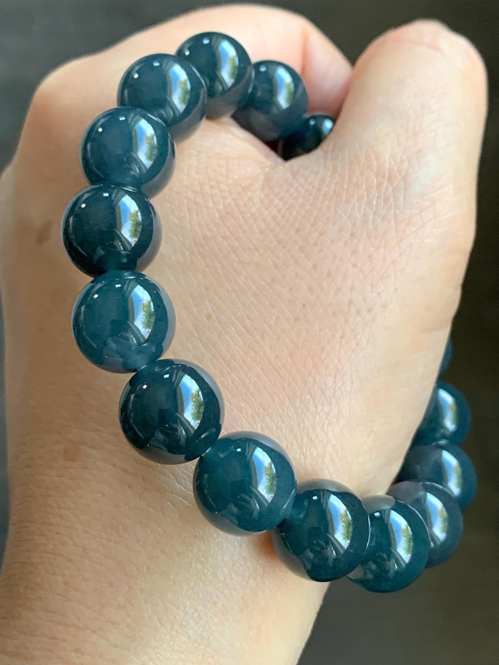 Certified Natural Guatemalan Grade A Icy Translucent Dark Blue Wuji Jadeite Large Beads Beaded Bracelet 12mm 7.75” 55.49g 天然冰胶危深蓝乌鸡翡翠手串 3003