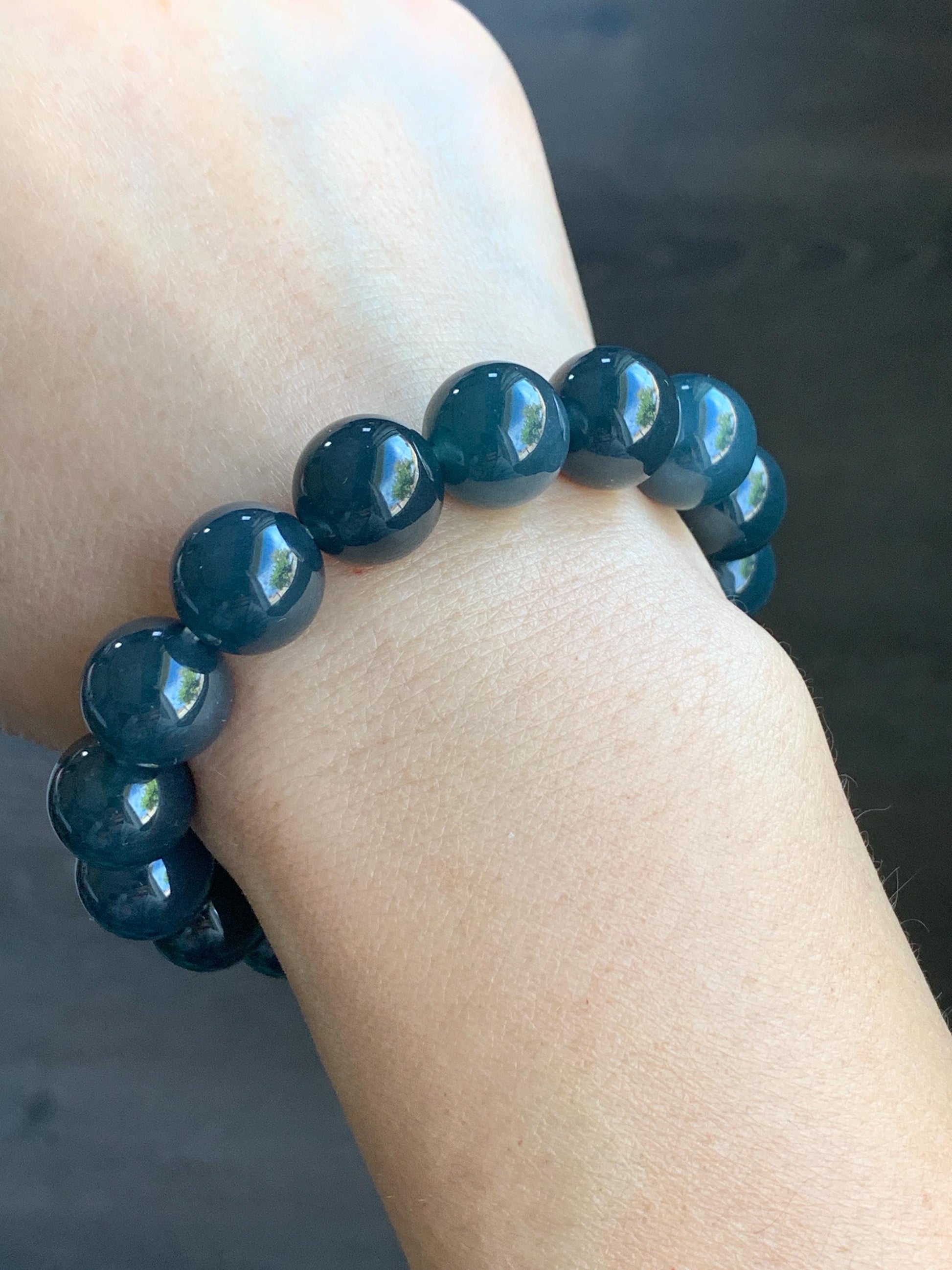 Certified Natural Guatemalan Grade A Icy Translucent Dark Blue Wuji Jadeite Large Beads Beaded Bracelet 12mm 7.75” 55.49g 天然冰胶危深蓝乌鸡翡翠手串 3003