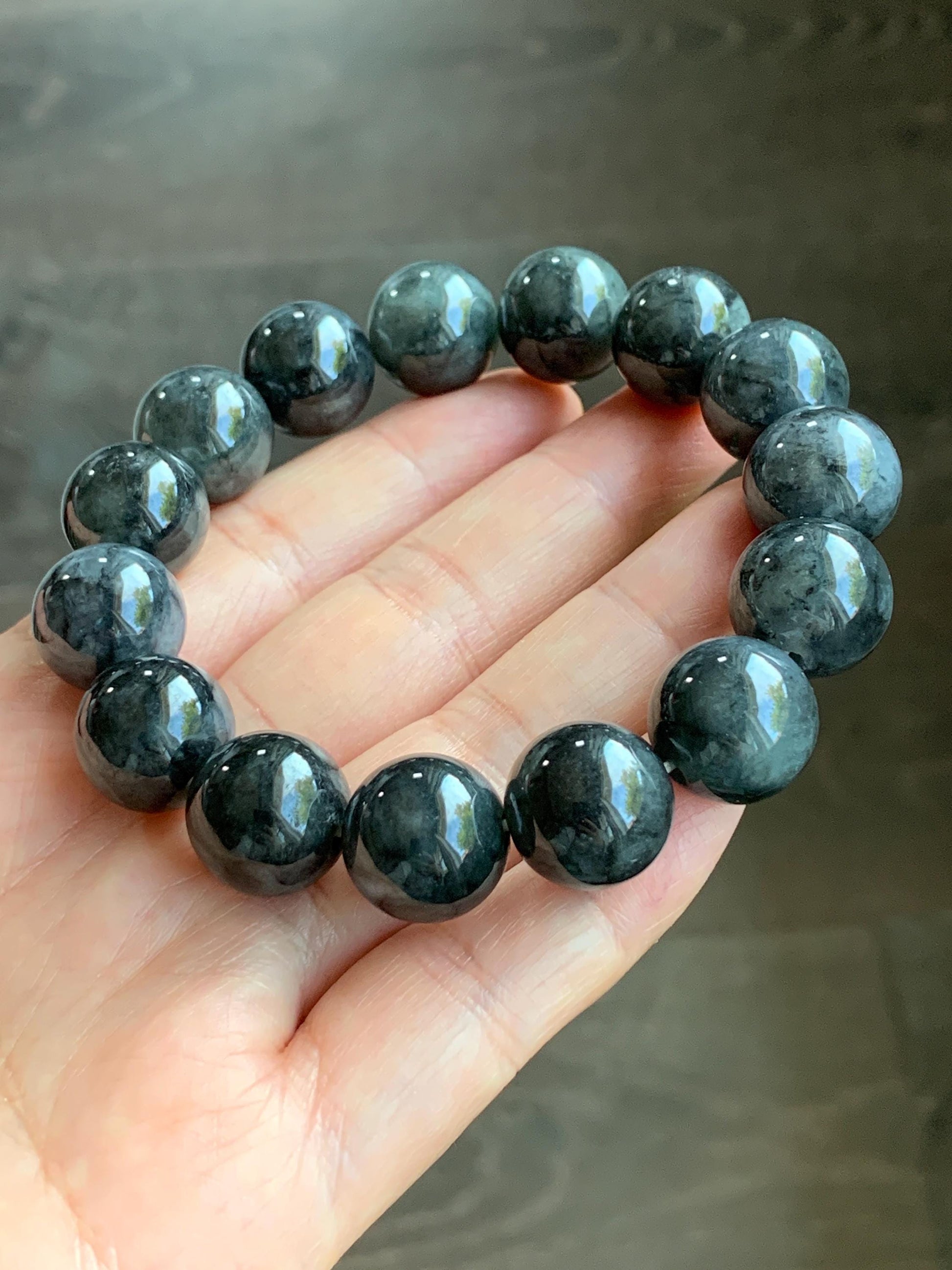 Certified Natural Burmese Icy Translucent Dark Wuji Jadeite Large Beads Beaded Bracelet 14mm 7.75” 74.62g 天然缅甸大卡糯冰种乌鸡翡翠手串 3002