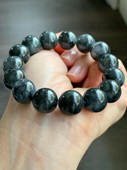 Certified Natural Burmese Icy Translucent Dark Wuji Jadeite Large Beads Beaded Bracelet 14mm 7.75” 74.62g 天然缅甸大卡糯冰种乌鸡翡翠手串 3002