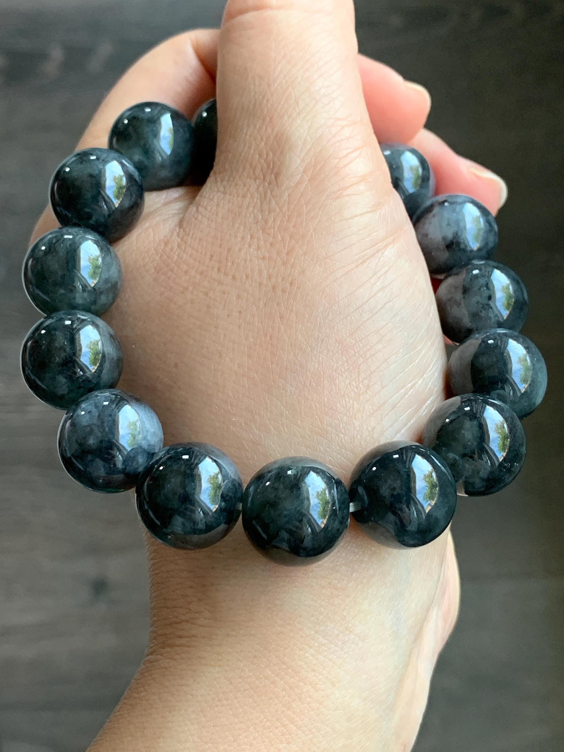 Certified Natural Burmese Icy Translucent Dark Wuji Jadeite Large Beads Beaded Bracelet 14mm 7.75” 74.62g 天然缅甸大卡糯冰种乌鸡翡翠手串 3002