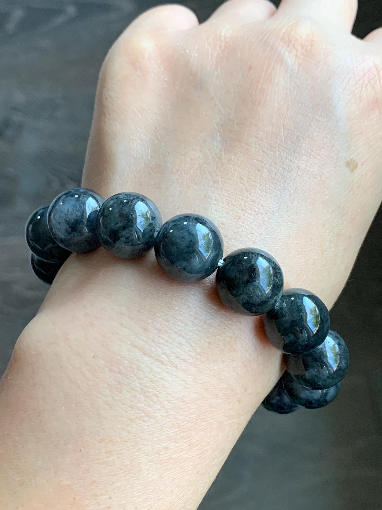 Certified Natural Burmese Icy Translucent Dark Wuji Jadeite Large Beads Beaded Bracelet 14mm 7.75” 74.62g 天然缅甸大卡糯冰种乌鸡翡翠手串 3002