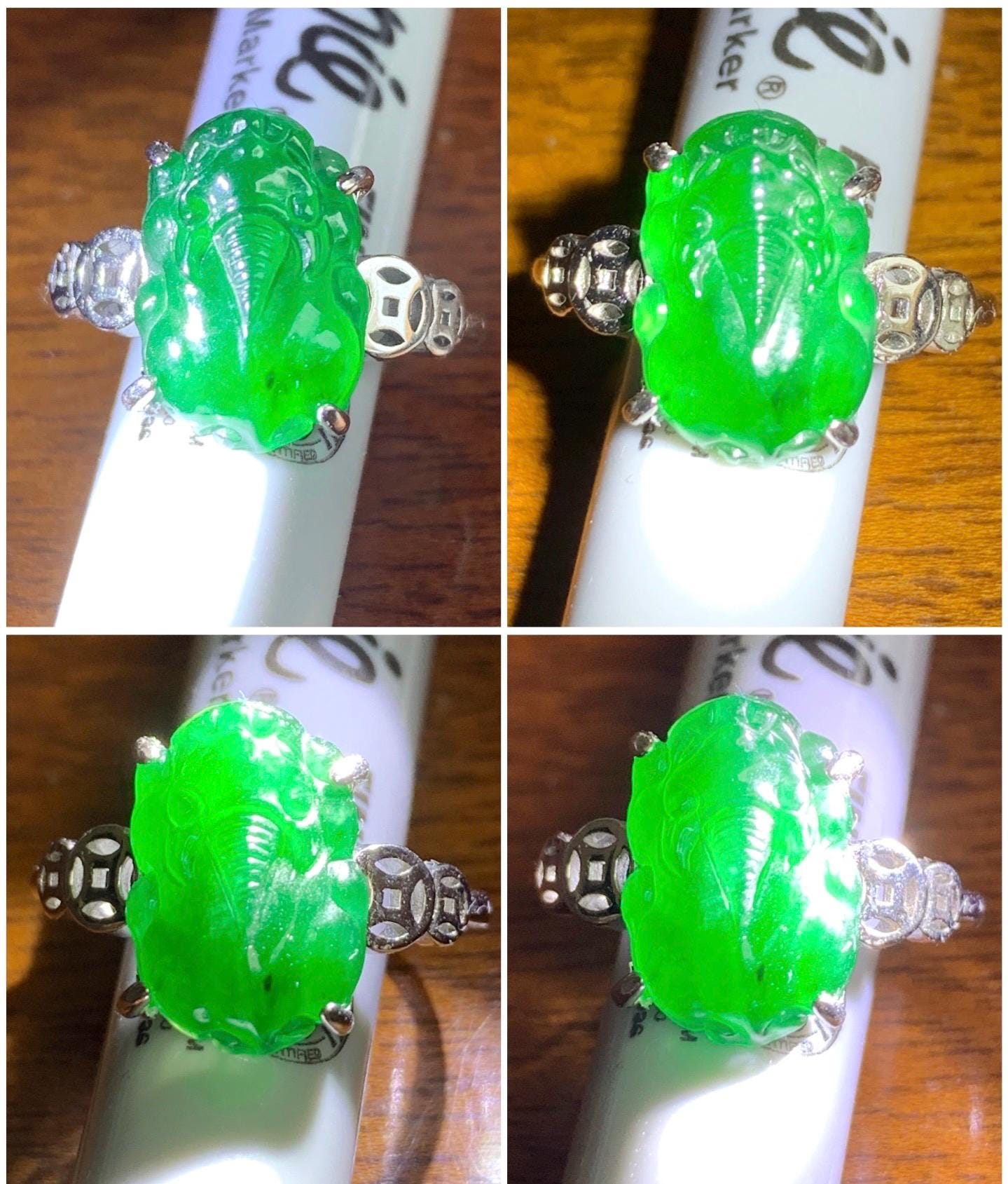 Natural Guatemalan Icy Translucent Vibrant Green Jadeite Carved Pixiu Ring S925 Sterling Silver Size 7 Adjustable 天然高冰危绿翡翠貔貅银镶戒指 WPX223
