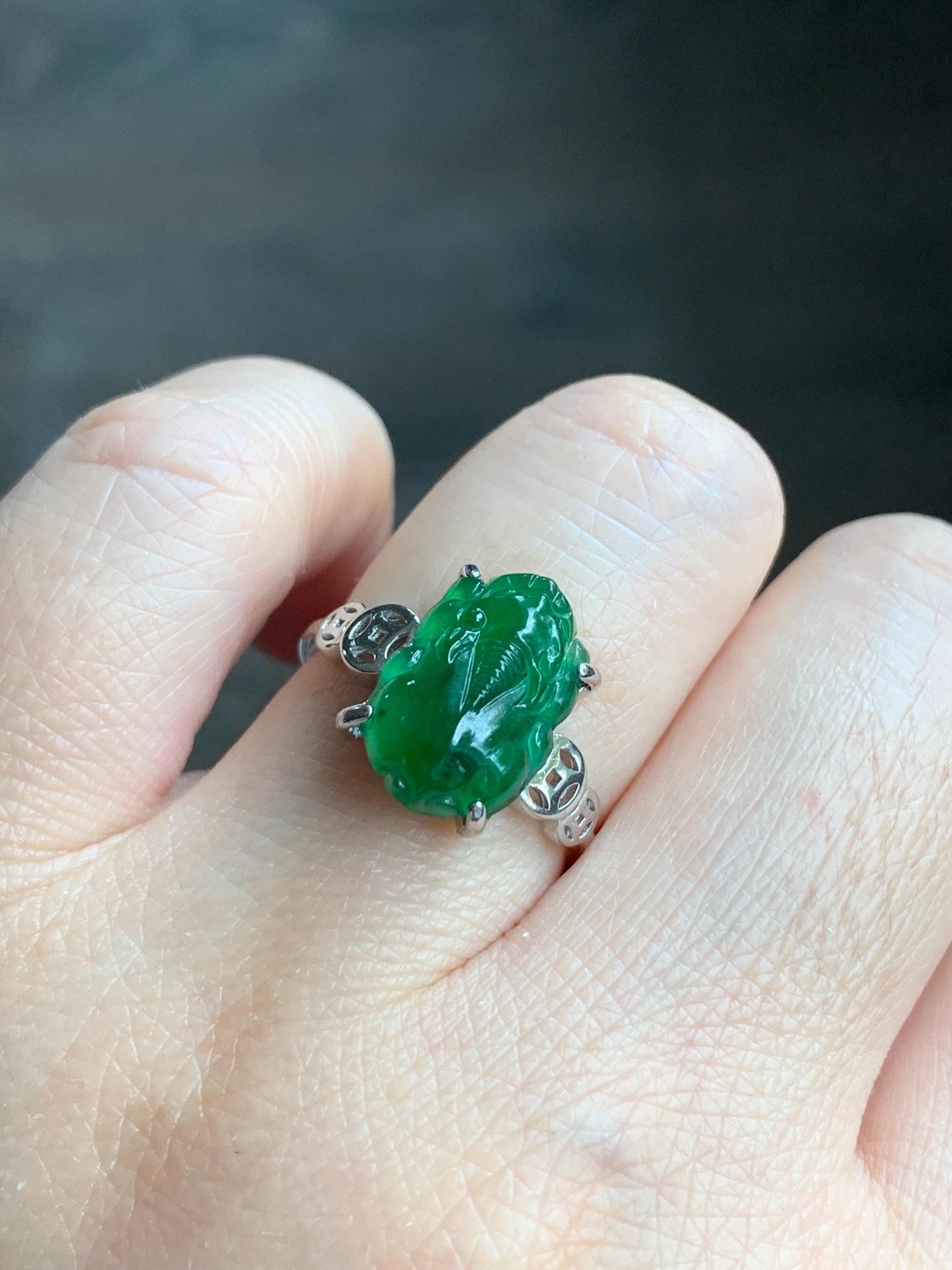 Natural Guatemalan Icy Translucent Vibrant Green Jadeite Carved Pixiu Ring S925 Sterling Silver Size 7 Adjustable 天然高冰危绿翡翠貔貅银镶戒指 WPX223