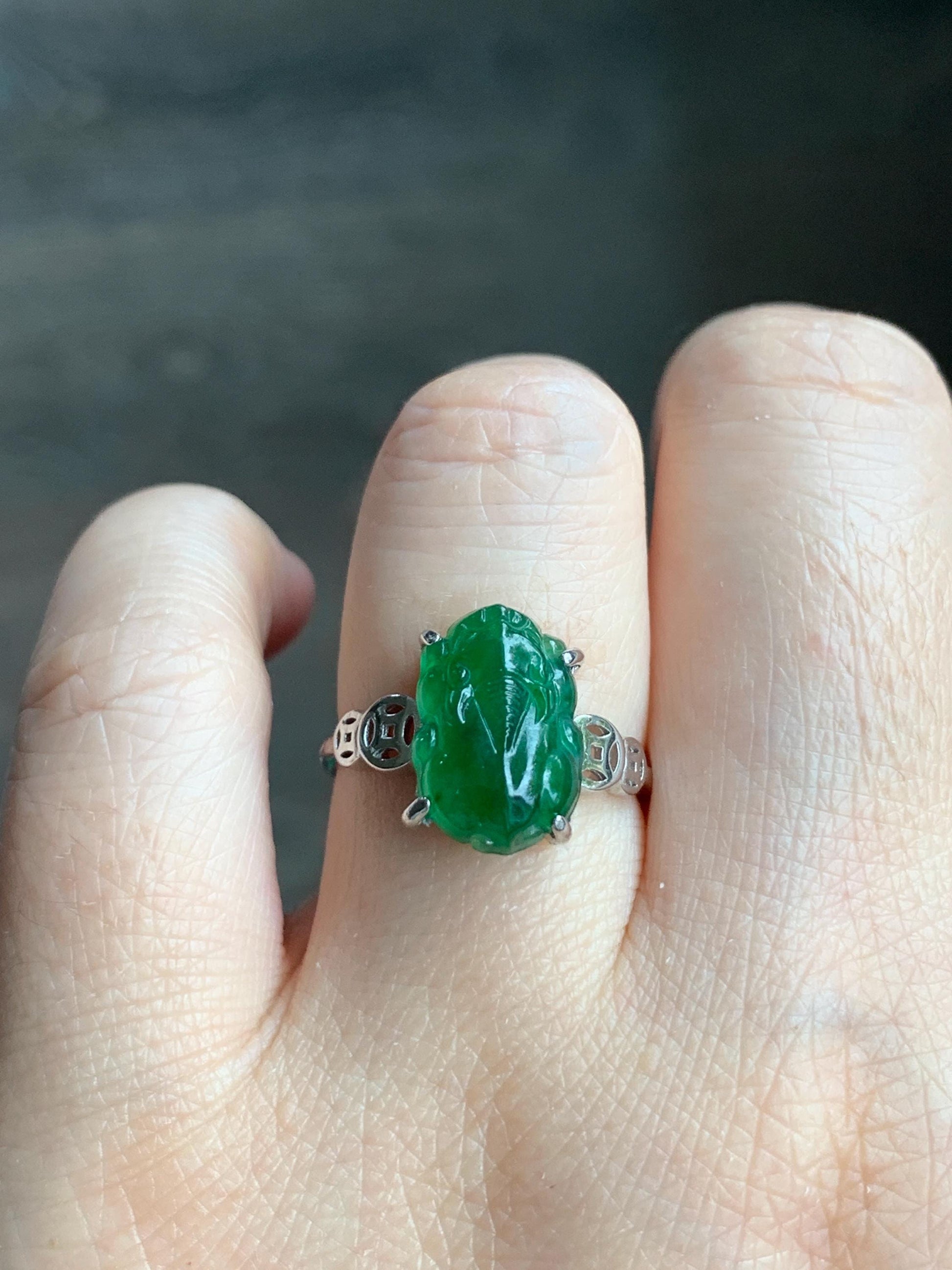 Natural Guatemalan Icy Translucent Vibrant Green Jadeite Carved Pixiu Ring S925 Sterling Silver Size 7 Adjustable 天然高冰危绿翡翠貔貅银镶戒指 WPX223