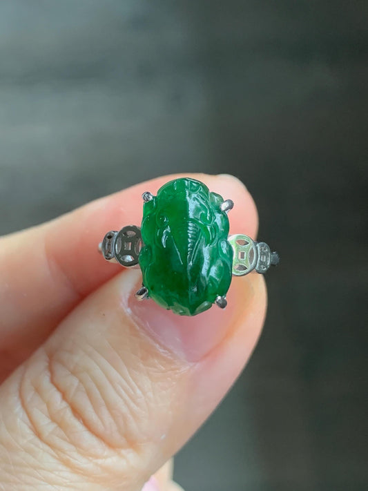 Natural Guatemalan Icy Translucent Vibrant Green Jadeite Carved Pixiu Ring S925 Sterling Silver Size 7 Adjustable 天然高冰危绿翡翠貔貅银镶戒指 WPX223
