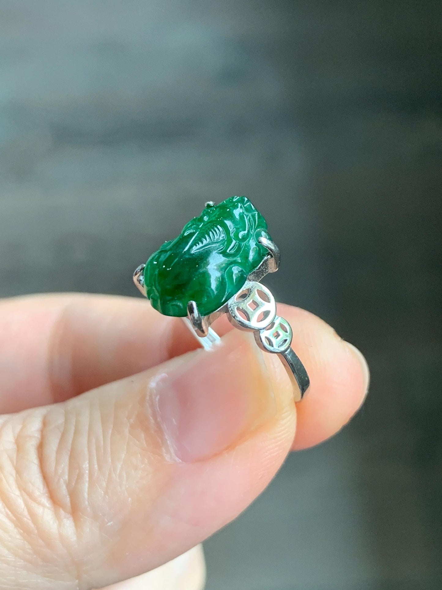 Natural Guatemalan Icy Translucent Vibrant Green Jadeite Carved Pixiu Ring S925 Sterling Silver Size 7 Adjustable 天然高冰危绿翡翠貔貅银镶戒指 WPX223
