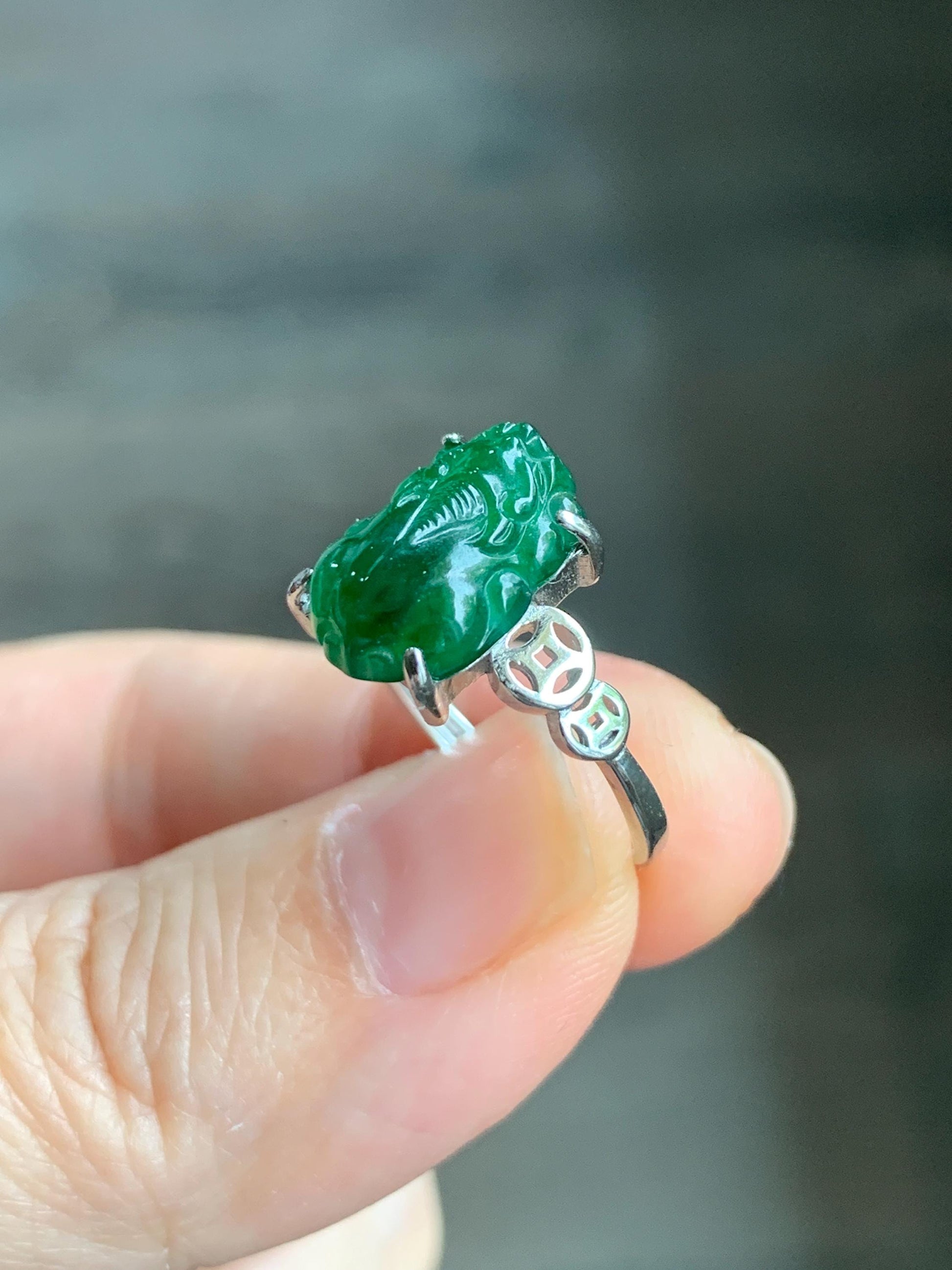 Natural Guatemalan Icy Translucent Vibrant Green Jadeite Carved Pixiu Ring S925 Sterling Silver Size 7 Adjustable 天然高冰危绿翡翠貔貅银镶戒指 WPX223
