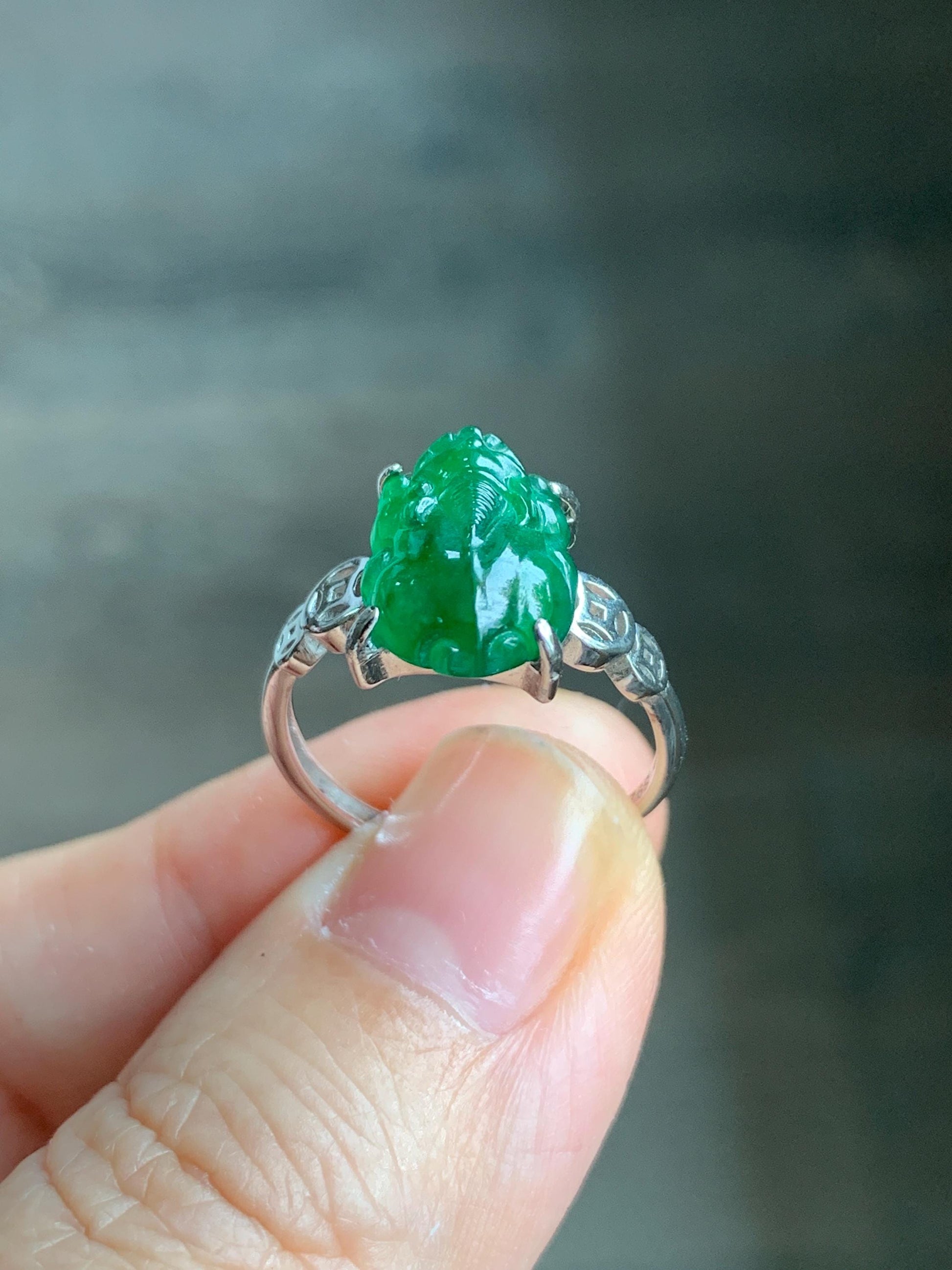 Natural Guatemalan Icy Translucent Vibrant Green Jadeite Carved Pixiu Ring S925 Sterling Silver Size 7 Adjustable 天然高冰危绿翡翠貔貅银镶戒指 WPX223