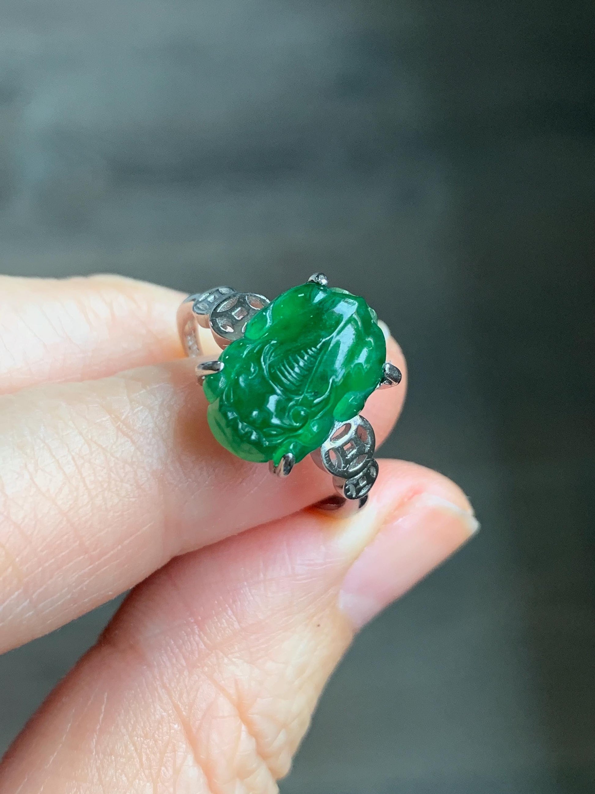 Natural Guatemalan Icy Translucent Vibrant Green Jadeite Carved Pixiu Ring S925 Sterling Silver Size 7 Adjustable 天然高冰危绿翡翠貔貅银镶戒指 WPX223