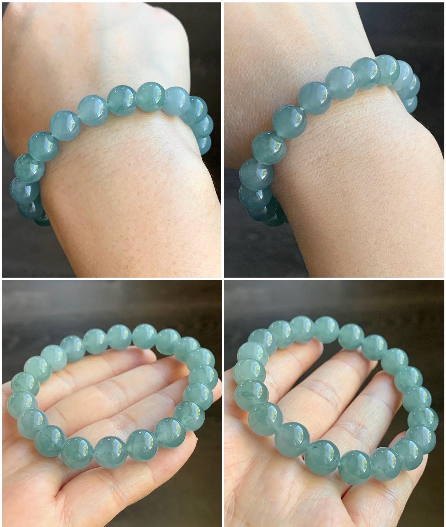 Natural Guatemalan Icy Highly Translucent Light Teal Blue Jadeite Large Beads Beaded Bracelet Stretchy 9.6mm 7” 31g 天然冰危浅蓝绿翡翠圆珠手串 LMMD104
