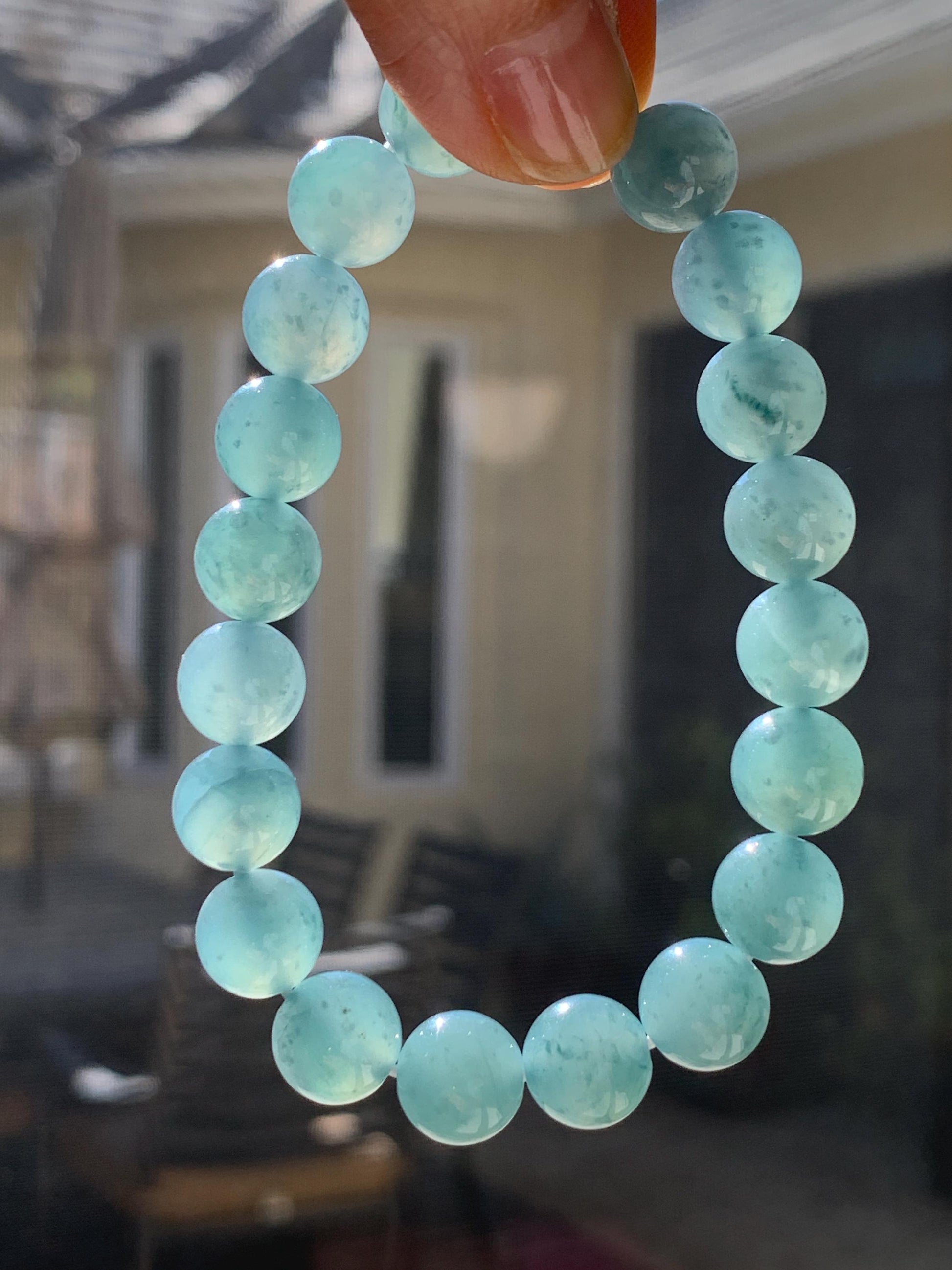 Natural Guatemalan Icy Highly Translucent Light Teal Blue Jadeite Large Beads Beaded Bracelet Stretchy 9.6mm 7” 31g 天然冰危浅蓝绿翡翠圆珠手串 LMMD104