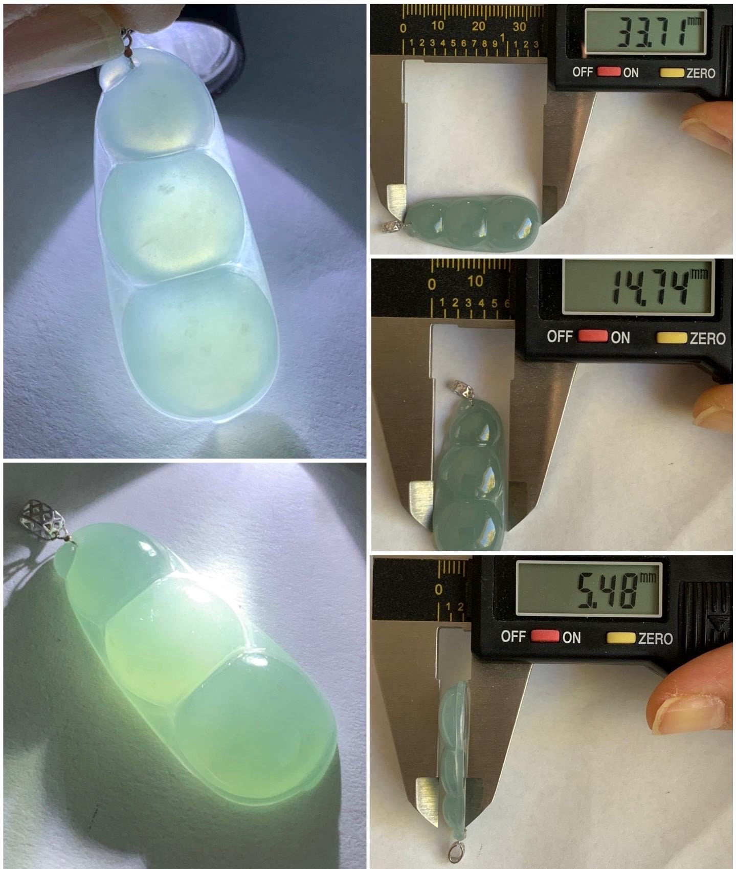 Natural Guatemalan Icy Translucent Gelatinous Pale Dusty Blue Jadeite Peapod Pendant 18K White Gold 4g 天然冰危浅蓝翡翠福豆镶嵌吊坠 DHL73C