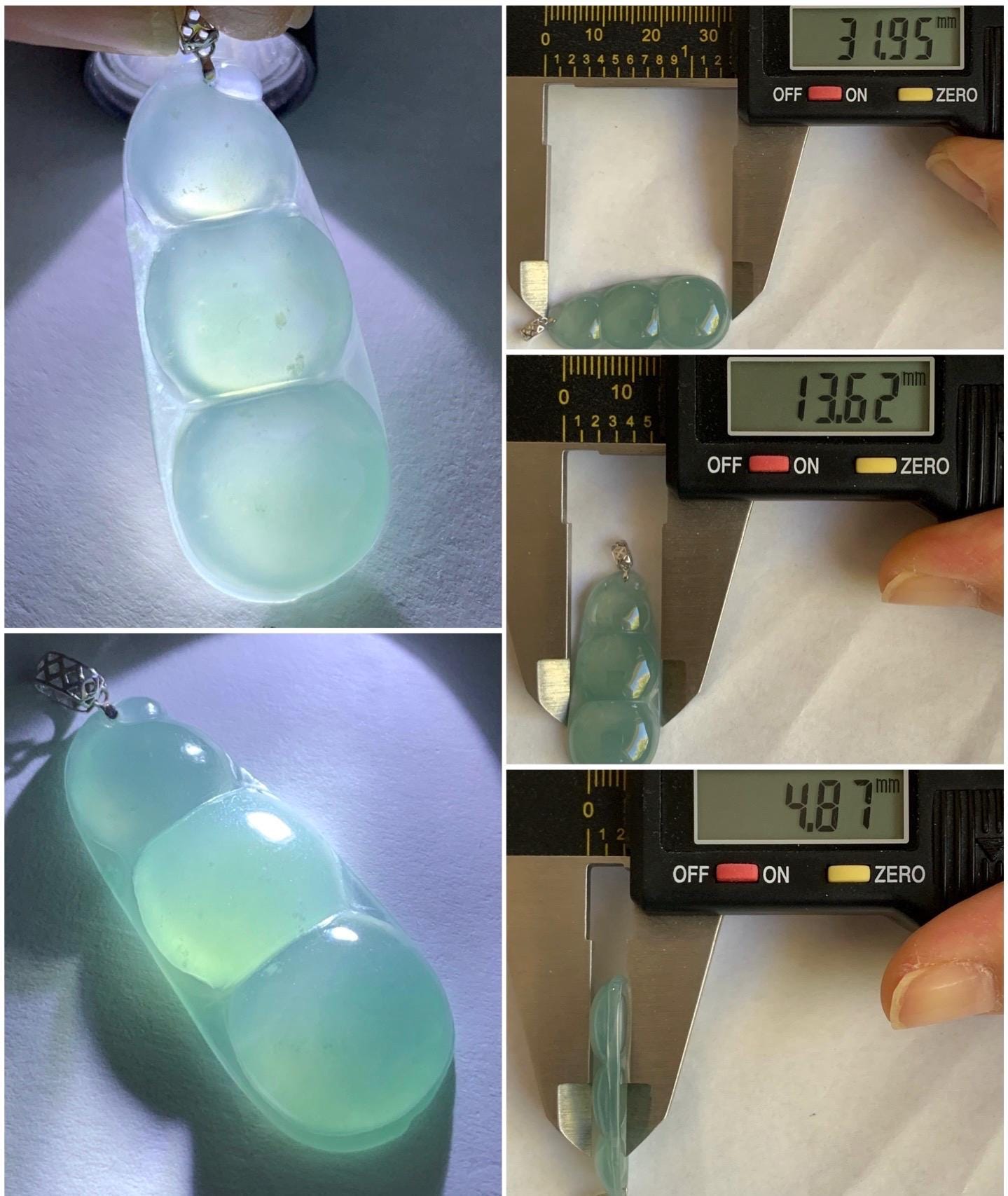Natural Guatemalan Icy Highly Translucent Gelatinous Light Teal Blue Jadeite Peapod Pendant 18K White Gold 3g 天然冰危浅蓝绿翡翠福豆镶嵌吊坠 DHL73B