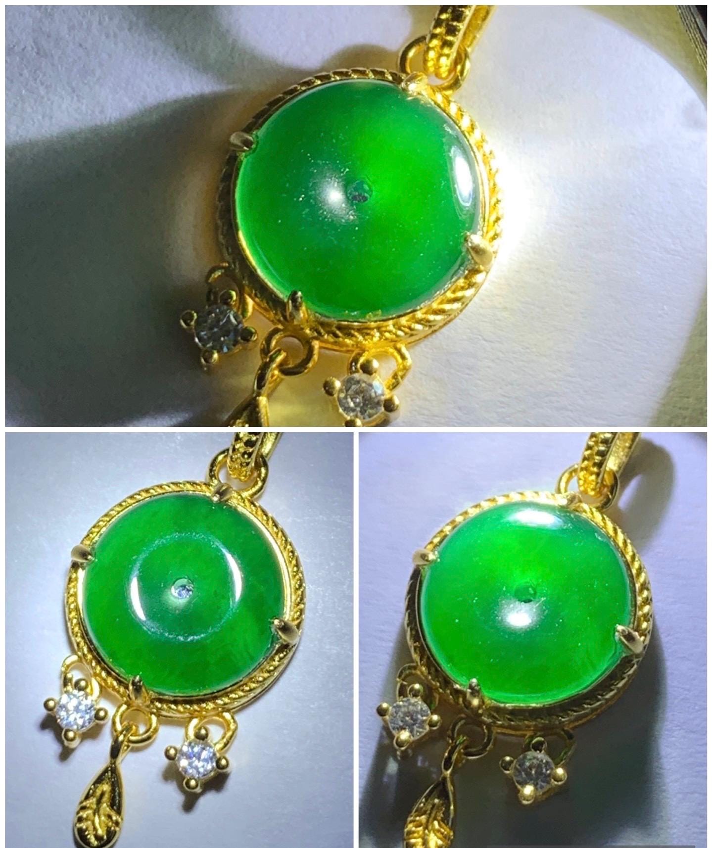 Natural Guatemalan Icy Highly Translucent Vibrant Green Jadeite Ping An Kou Donut Pendant Sterling Silver Yellow Gold Overlay 天然冰危绿翡翠平安扣银镶吊坠