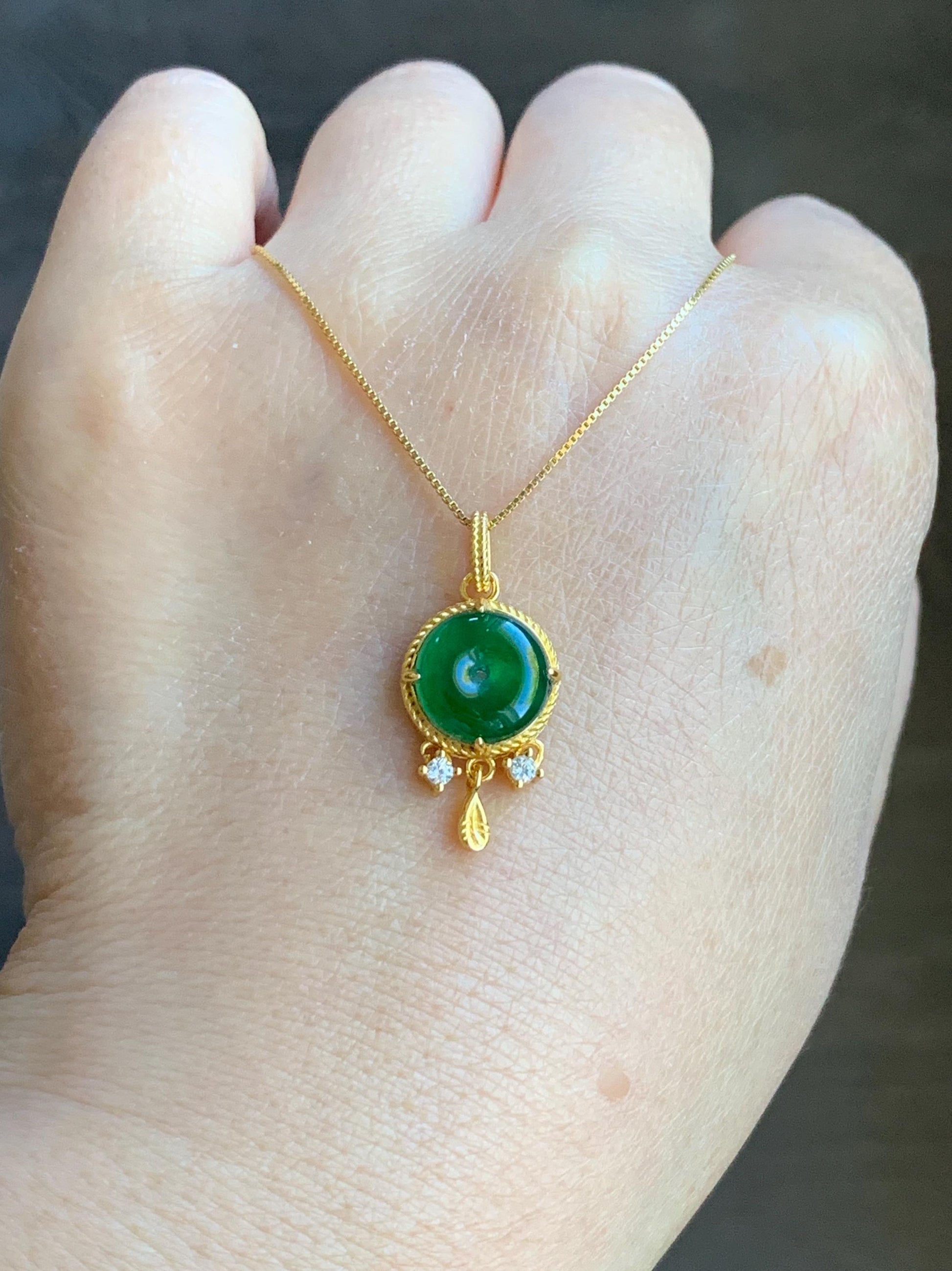 Natural Guatemalan Icy Highly Translucent Vibrant Green Jadeite Ping An Kou Donut Pendant Sterling Silver Yellow Gold Overlay 天然冰危绿翡翠平安扣银镶吊坠
