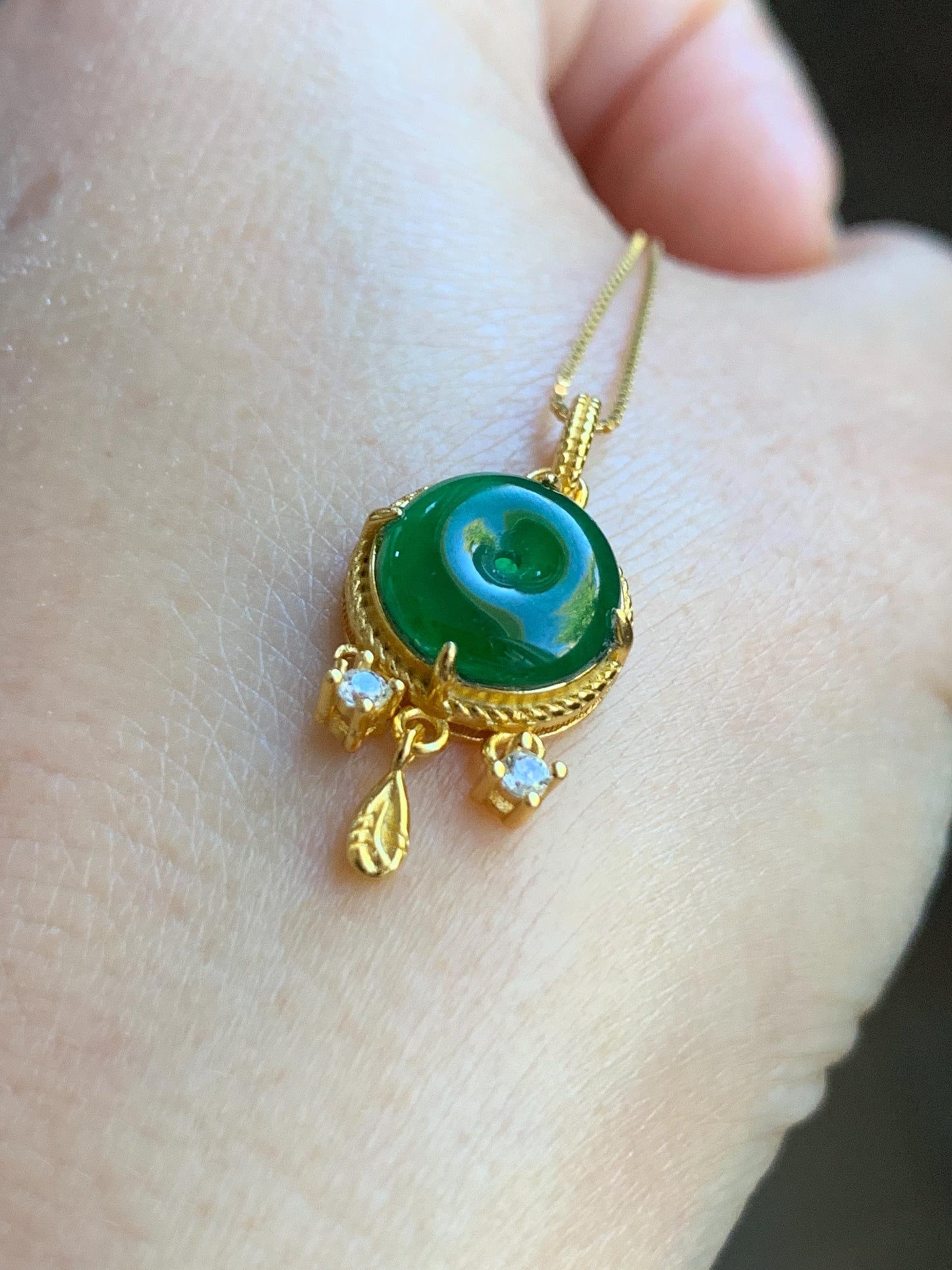 Natural Guatemalan Icy Highly Translucent Vibrant Green Jadeite Ping An Kou Donut Pendant Sterling Silver Yellow Gold Overlay 天然冰危绿翡翠平安扣银镶吊坠