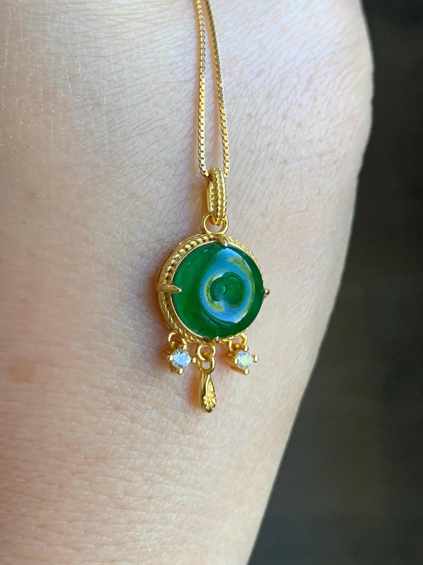 Natural Guatemalan Icy Highly Translucent Vibrant Green Jadeite Ping An Kou Donut Pendant Sterling Silver Yellow Gold Overlay 天然冰危绿翡翠平安扣银镶吊坠