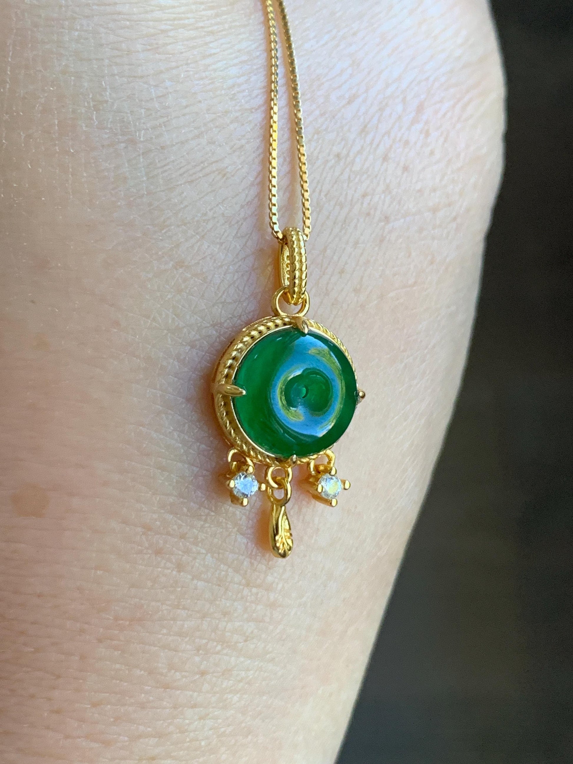 Natural Guatemalan Icy Highly Translucent Vibrant Green Jadeite Ping An Kou Donut Pendant Sterling Silver Yellow Gold Overlay 天然冰危绿翡翠平安扣银镶吊坠